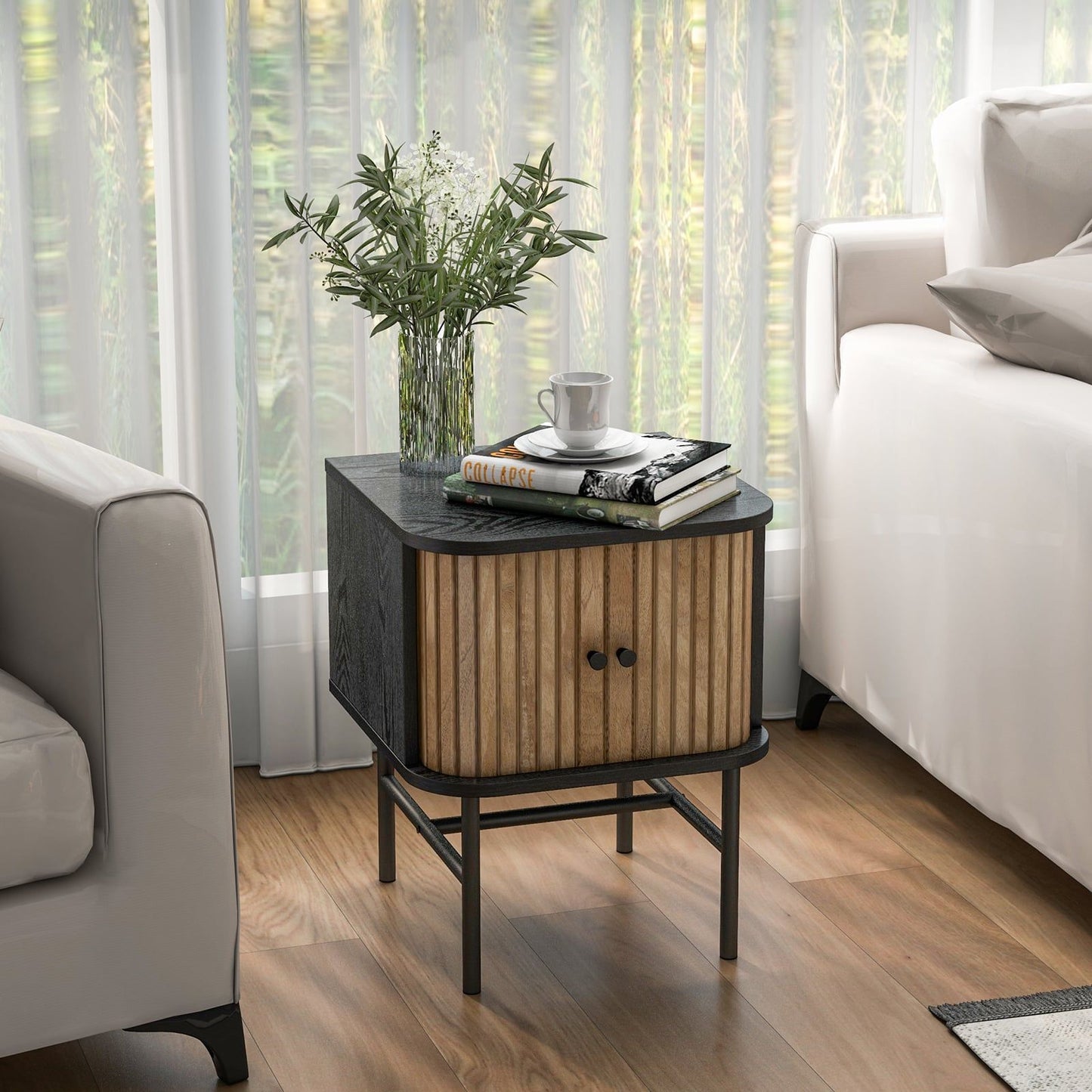 Black Nightstand Set with Sliding Doors, Storage Space