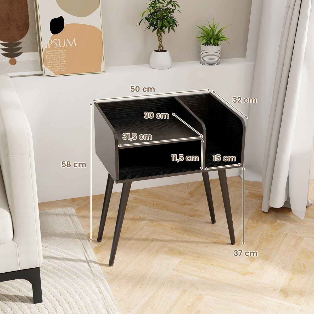 Black Nightstand with Open Shelf, Metal Legs, Set of 2