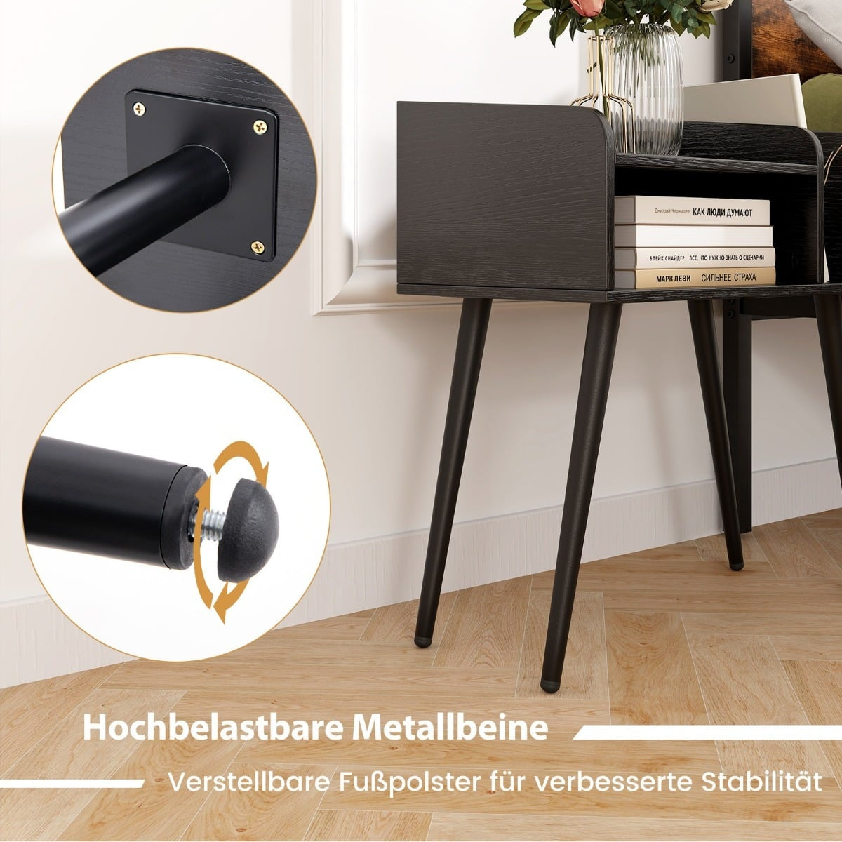 Black Nightstand with Open Shelf, Metal Legs, Set of 2