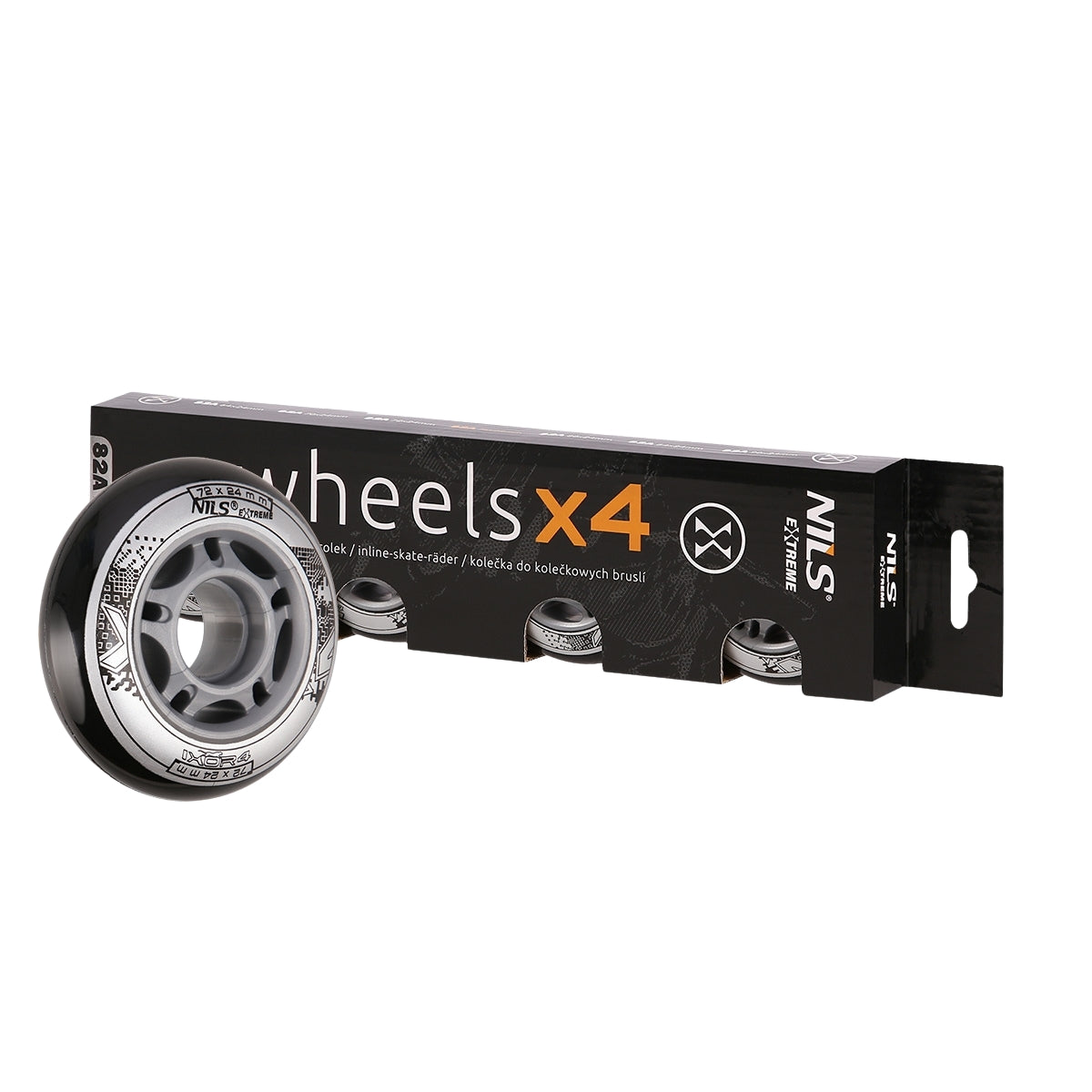 Black PU Skate Wheels, 72x24mm, 82A, Set of 4
