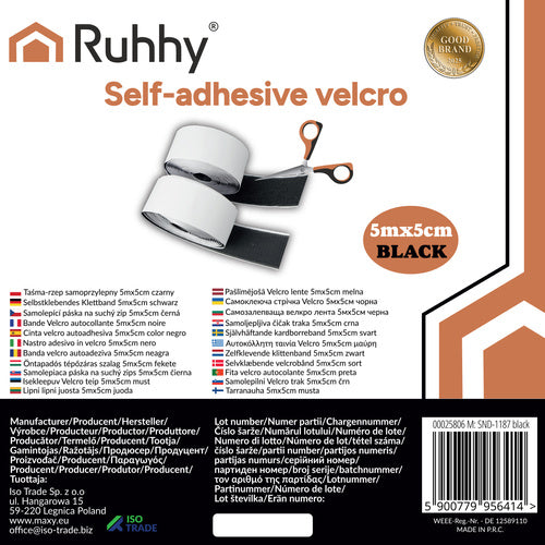 Black Self-Adhesive Velcro Tape, 5m x 5cm