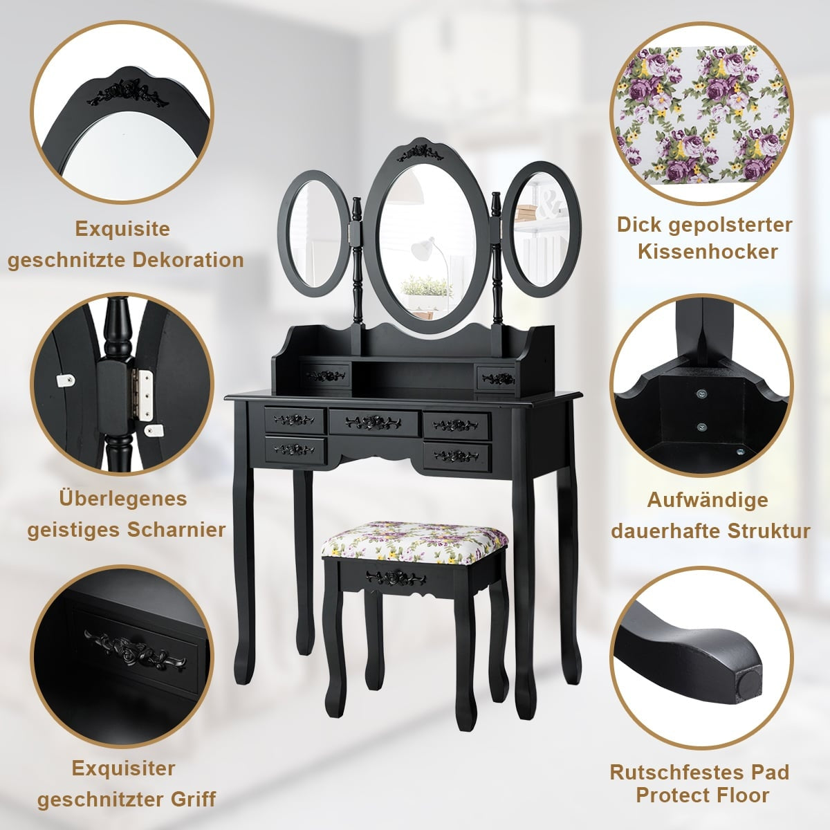 Black Vanity Table Set with Folding Mirror, Stool & Storage