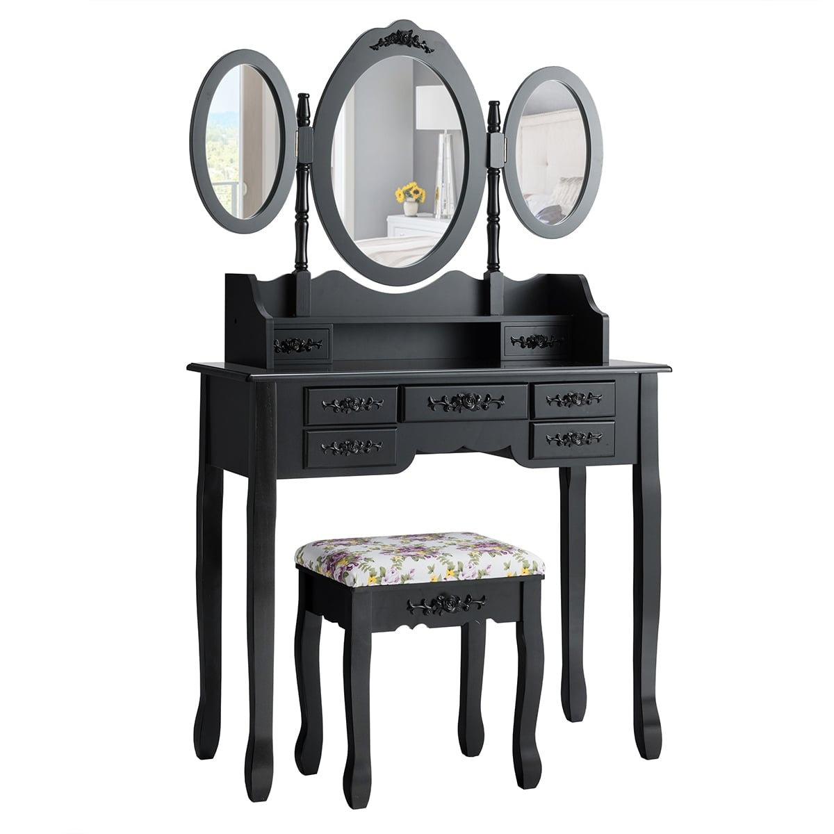 Black Vanity Table Set with Folding Mirror, Stool & Storage