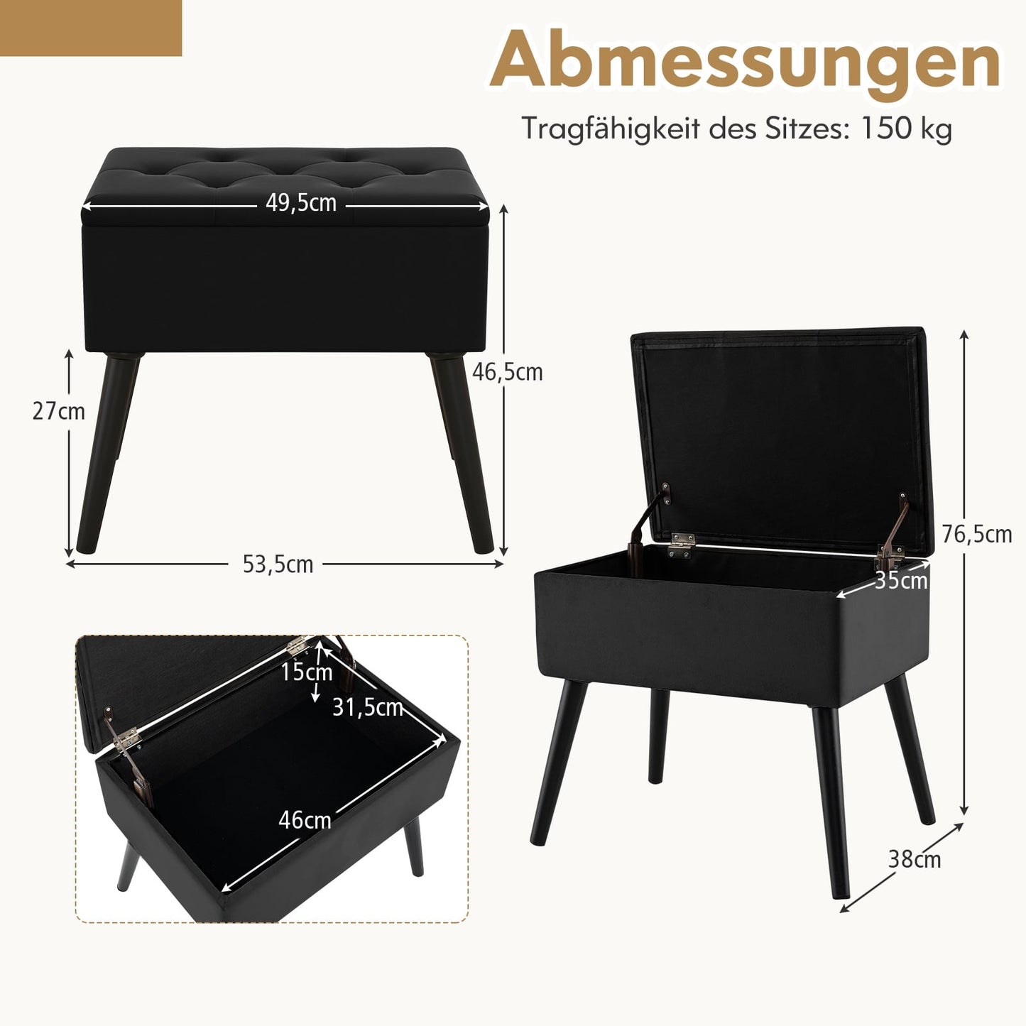 Black Velvet Storage Ottoman – Padded Seat, 150kg Capacity