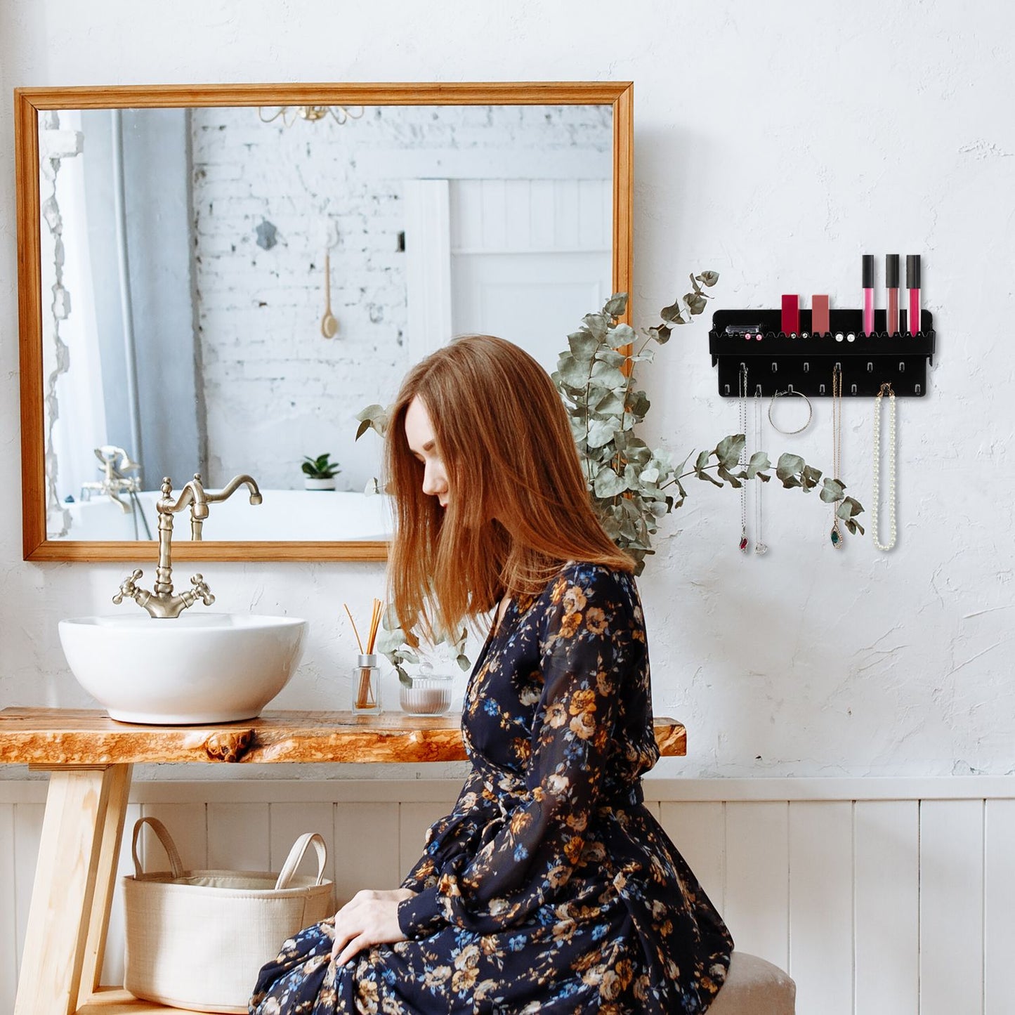 Black Wall-Mounted Jewellery Holder with Shelf