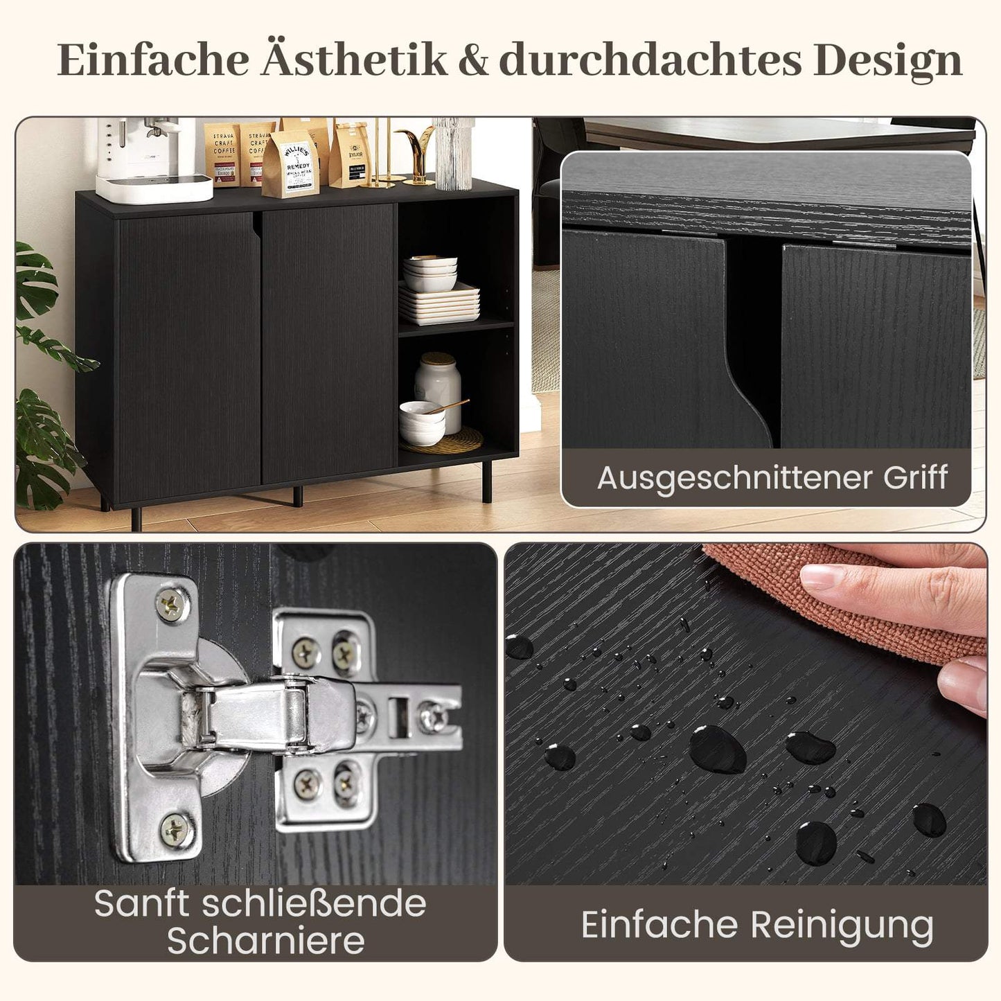 Black Wooden Sideboard with Adjustable Shelves & Doors