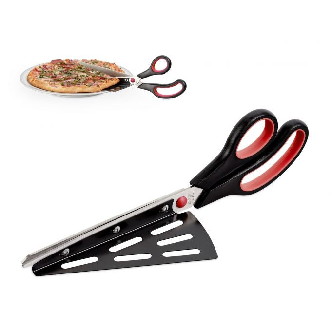 Black and red pizza cutter with lifting device