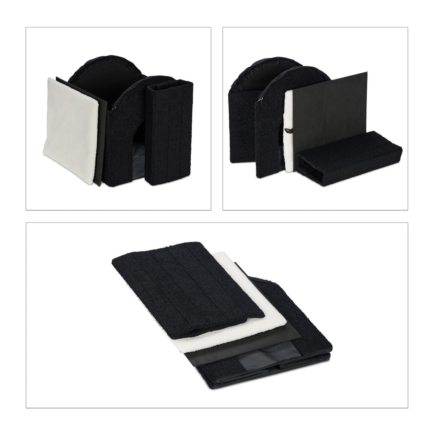 Black cat hide with scratching surface