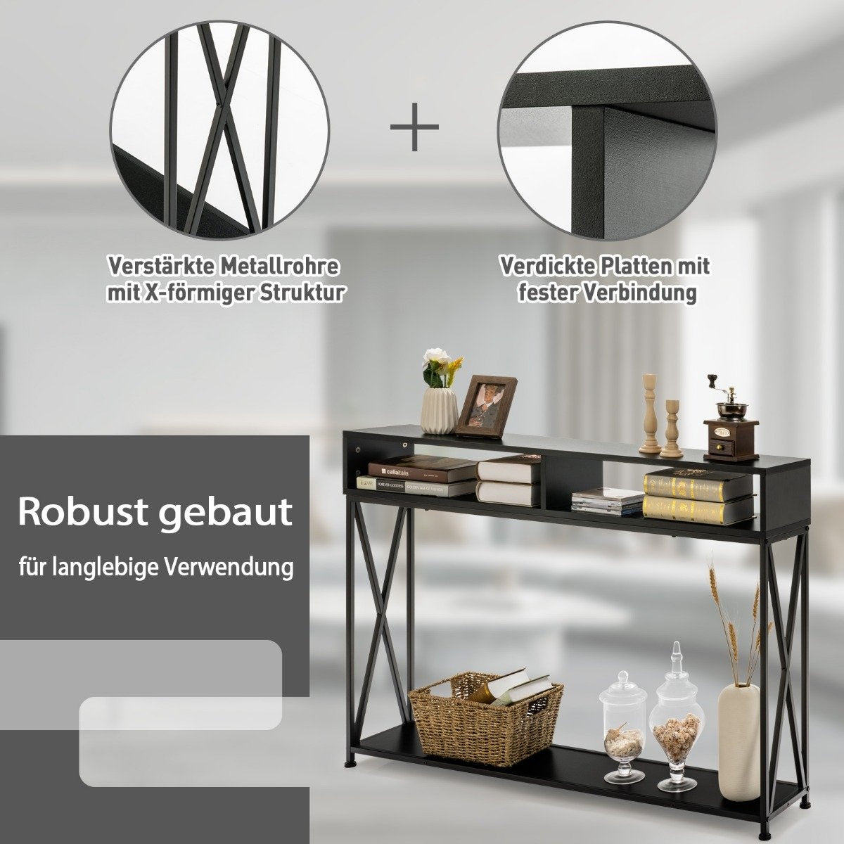 Black console table with open shelf and steel frame 120 x 23 x 79 cm