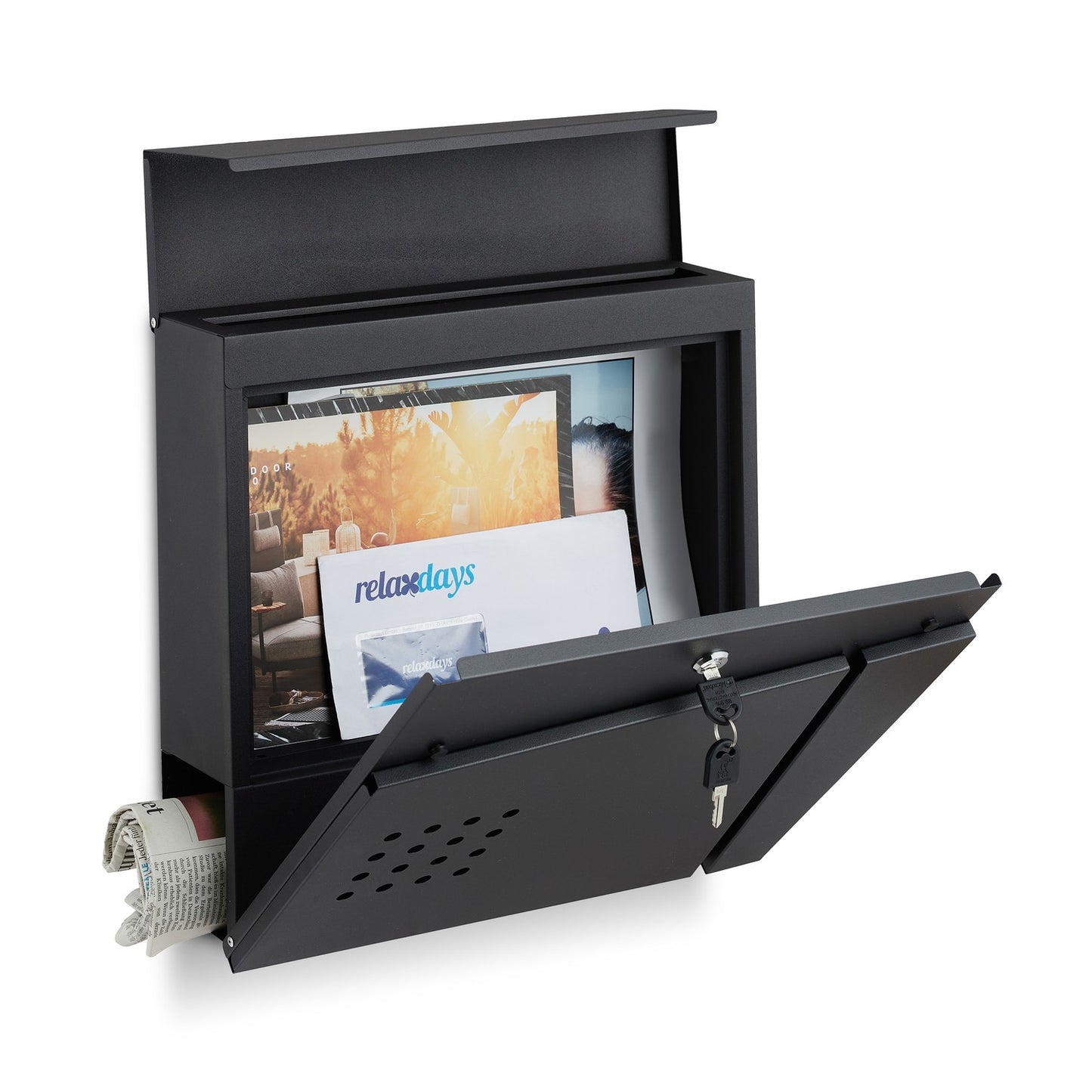 Black mailbox with newspaper holder