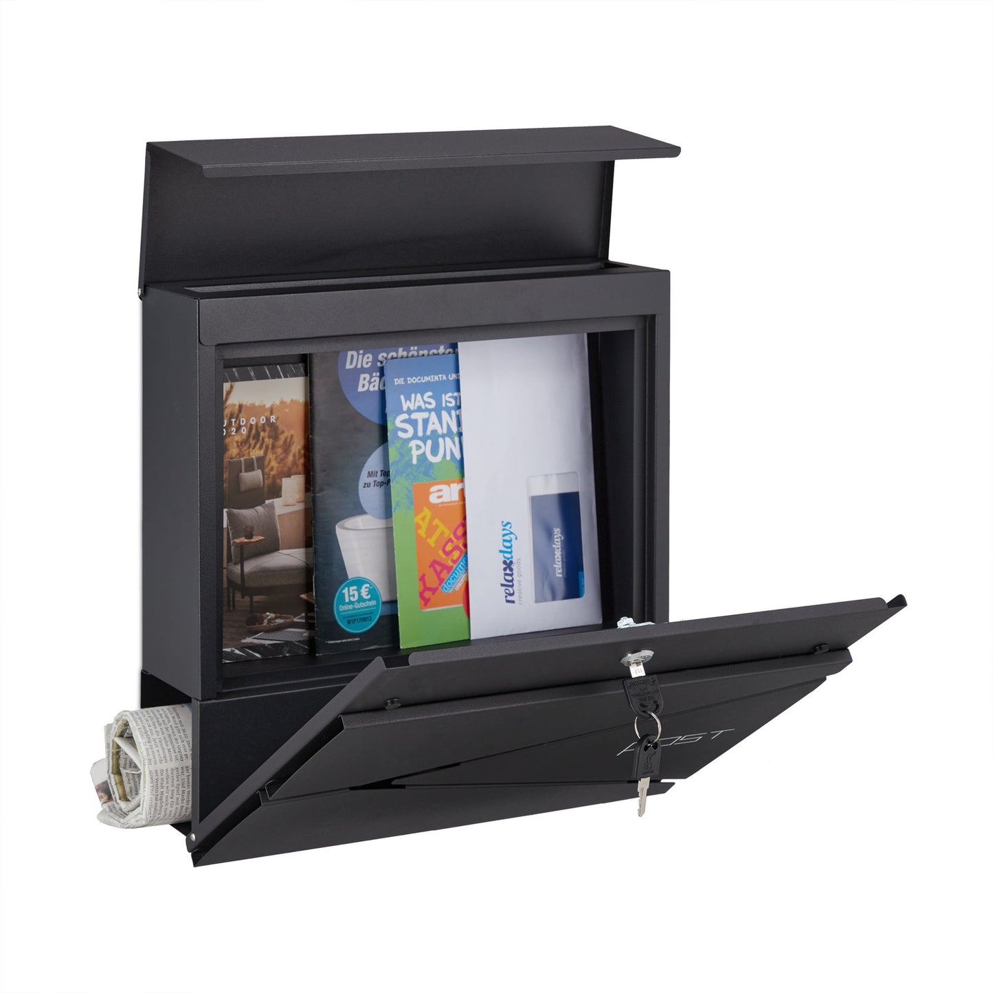 Black mailbox with newspaper holder