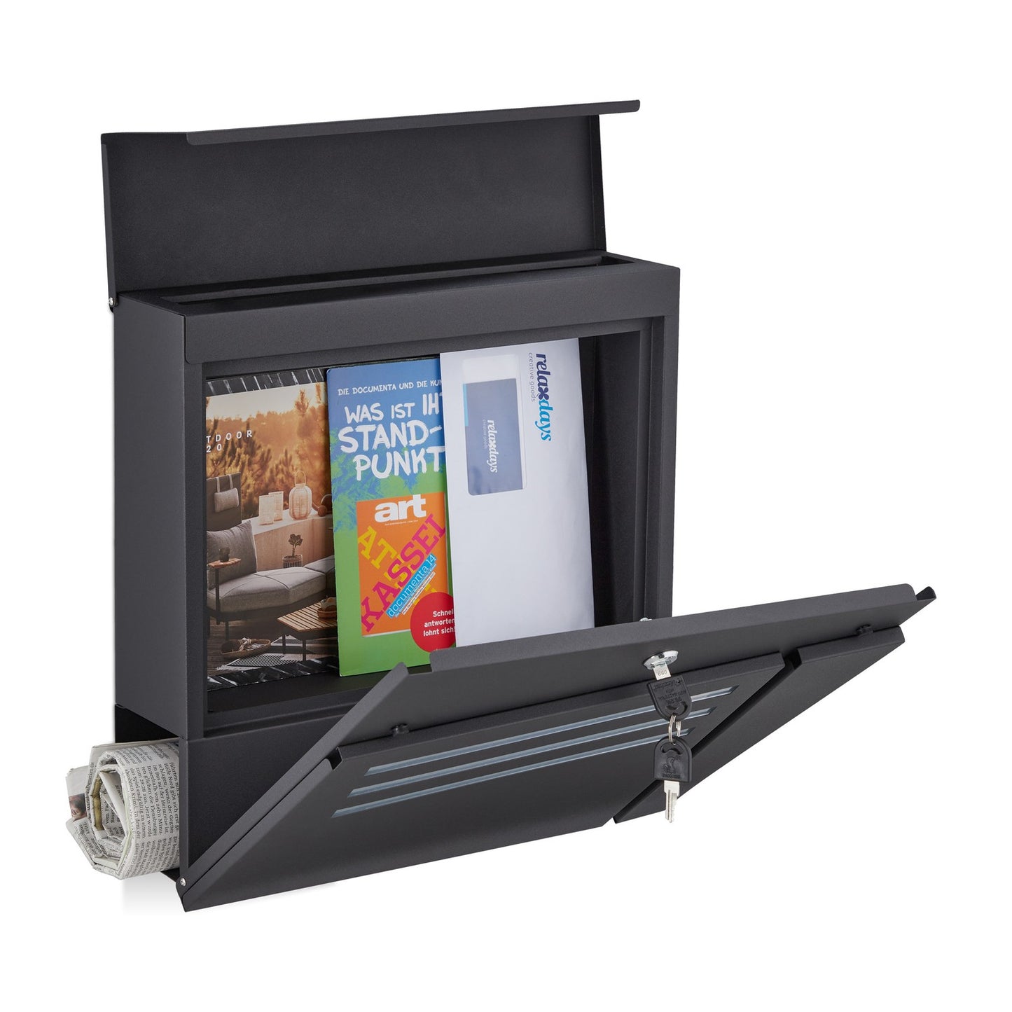 Black mailbox with newspaper holder