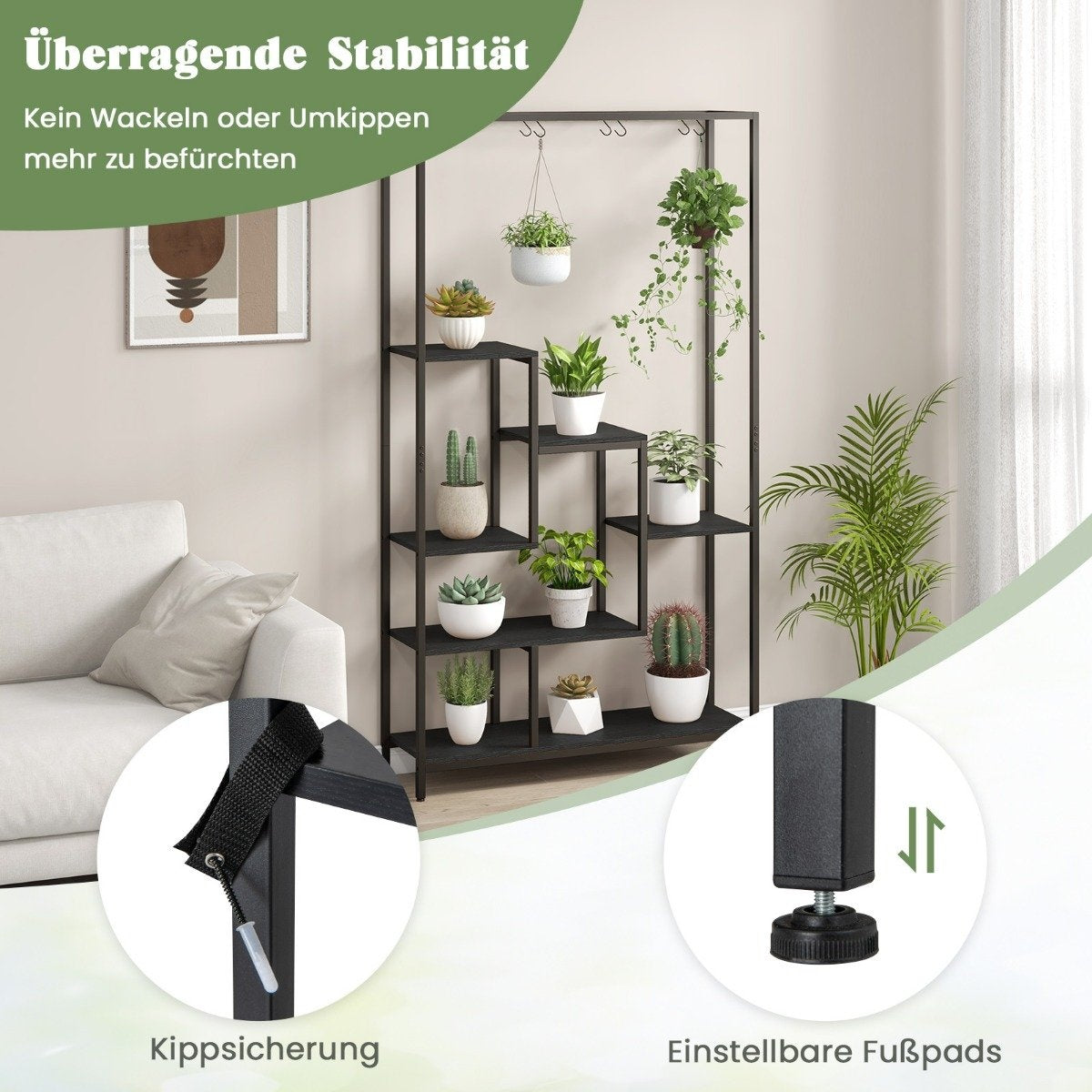 Black plant stand 6 tiers 180 cm plant shelf metal with 10 S-hooks