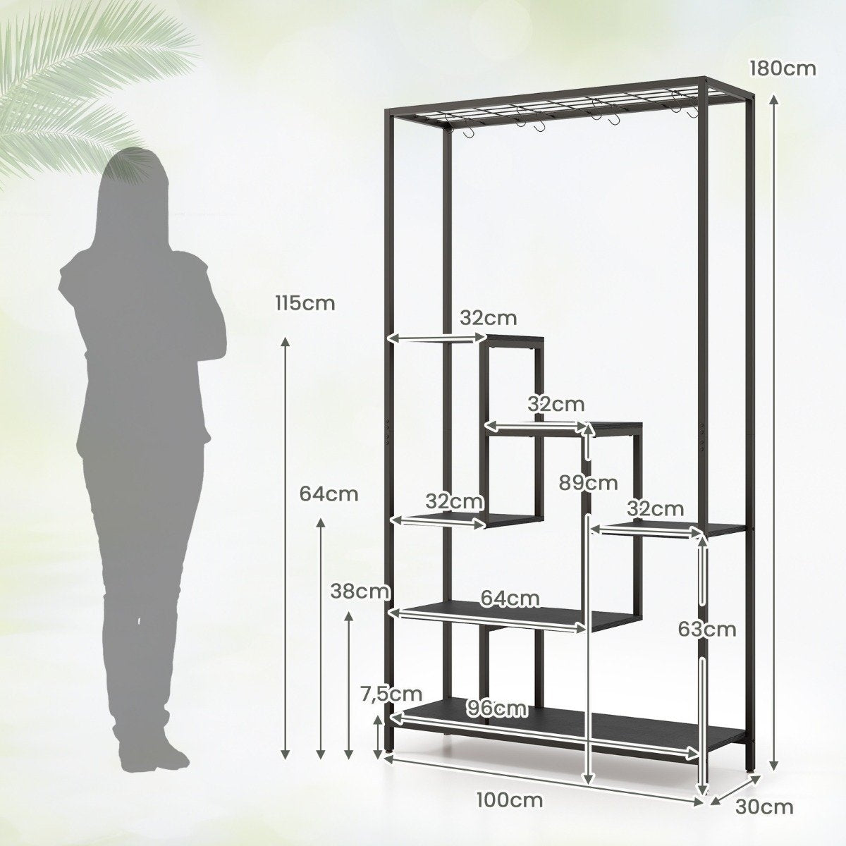 Black plant stand 6 tiers 180 cm plant shelf metal with 10 S-hooks