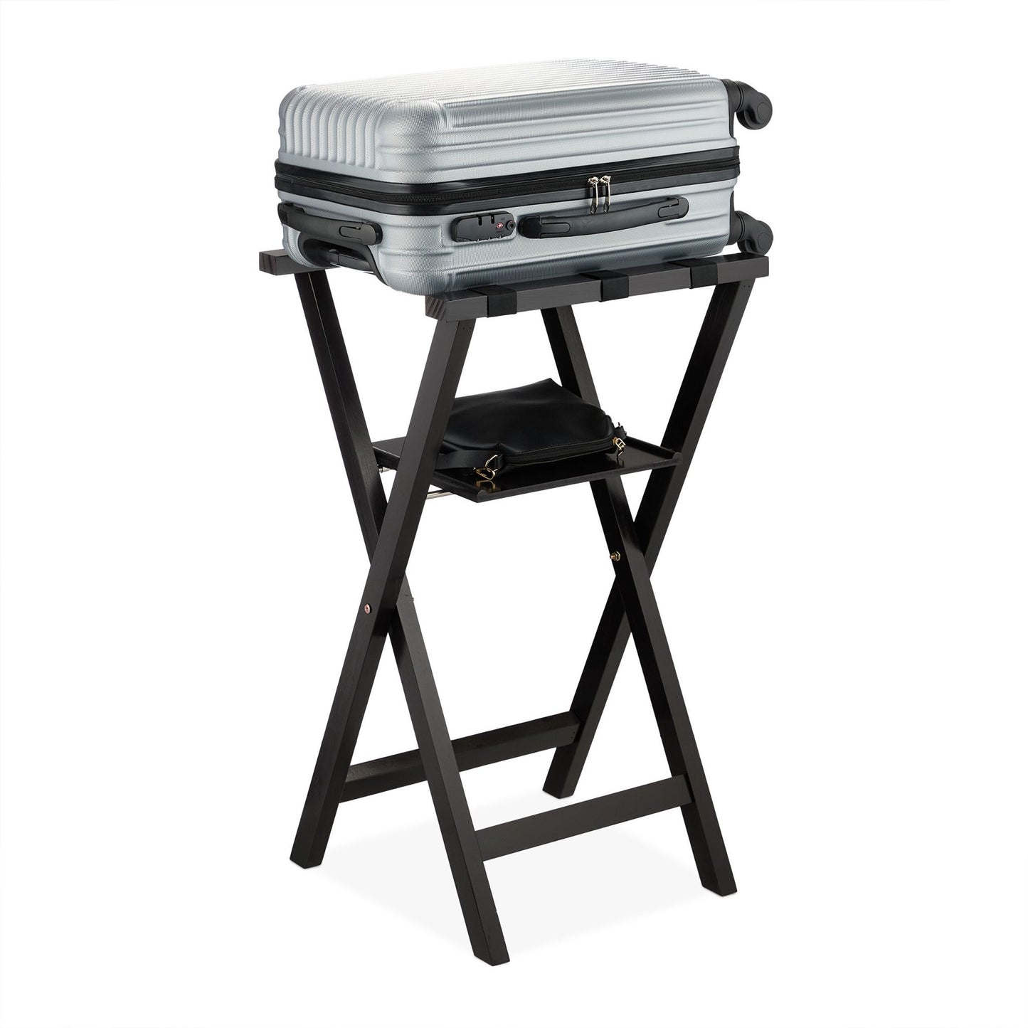 Black suitcase rack with shelf