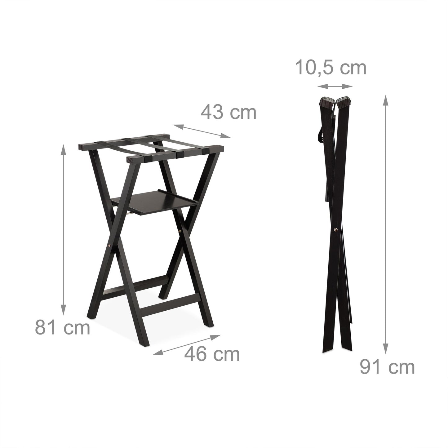 Black suitcase rack with shelf
