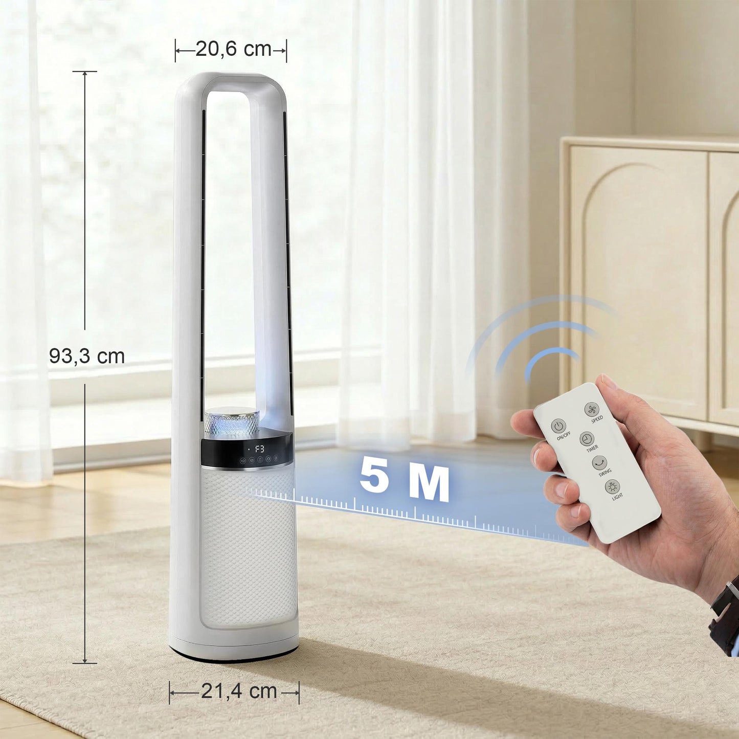 Bladeless Tower Fan with Remote, 45 Oscillation, Timer