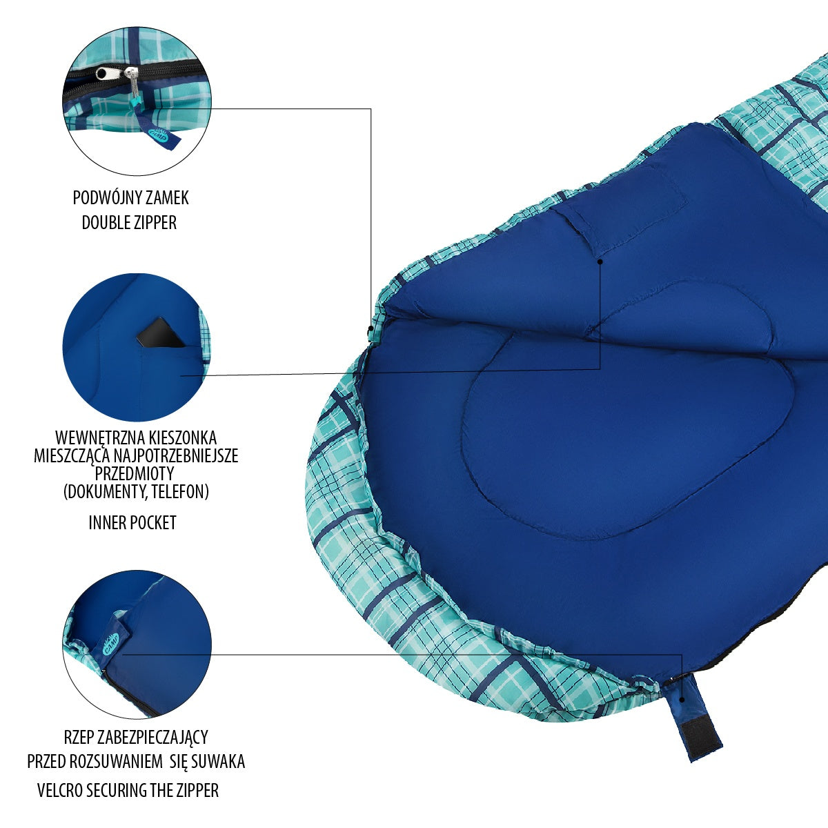 Blue Chequered Sleeping Bag, Lightweight, Compact