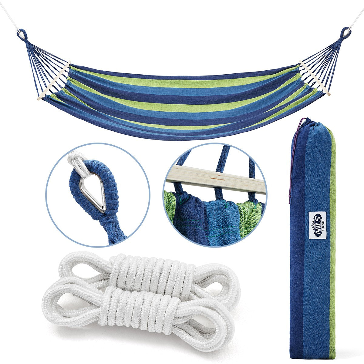 Blue Hammock with 70cm Wooden Beam & Metal Holder