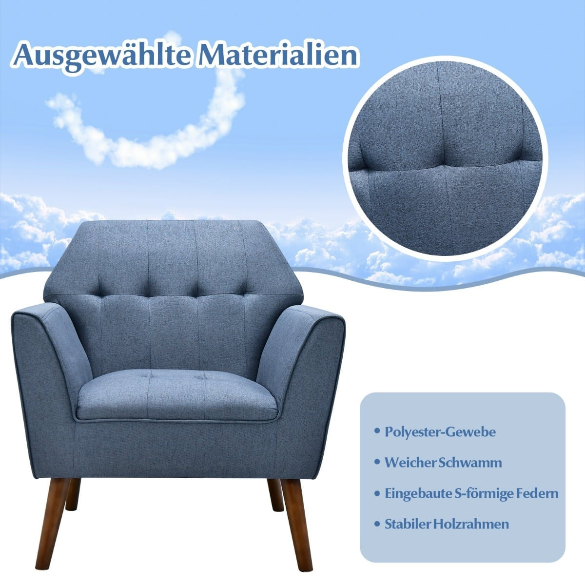 Blue Upholstered Lounge Chair with Rubberwood Legs, 76x74x84 cm