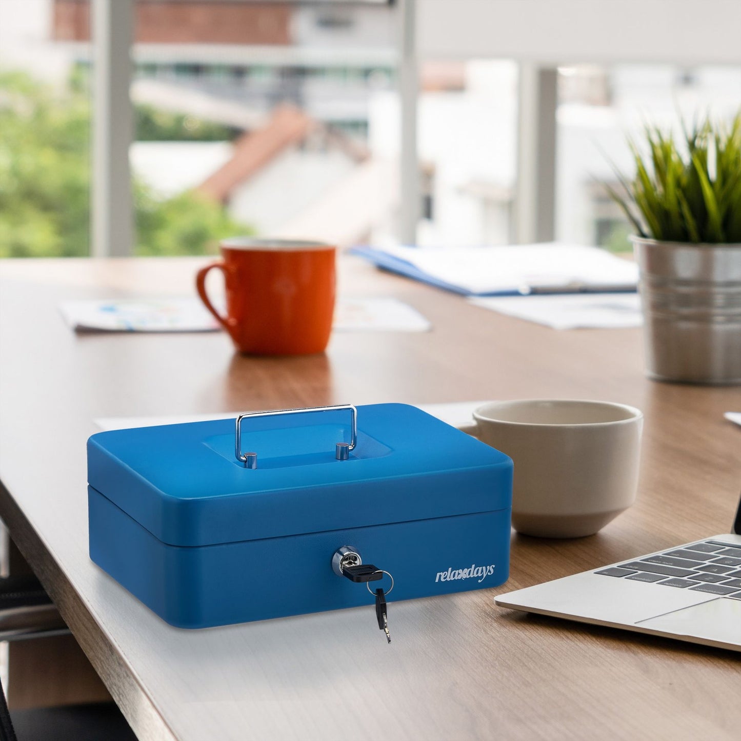 Blue cash drawer with coin counter