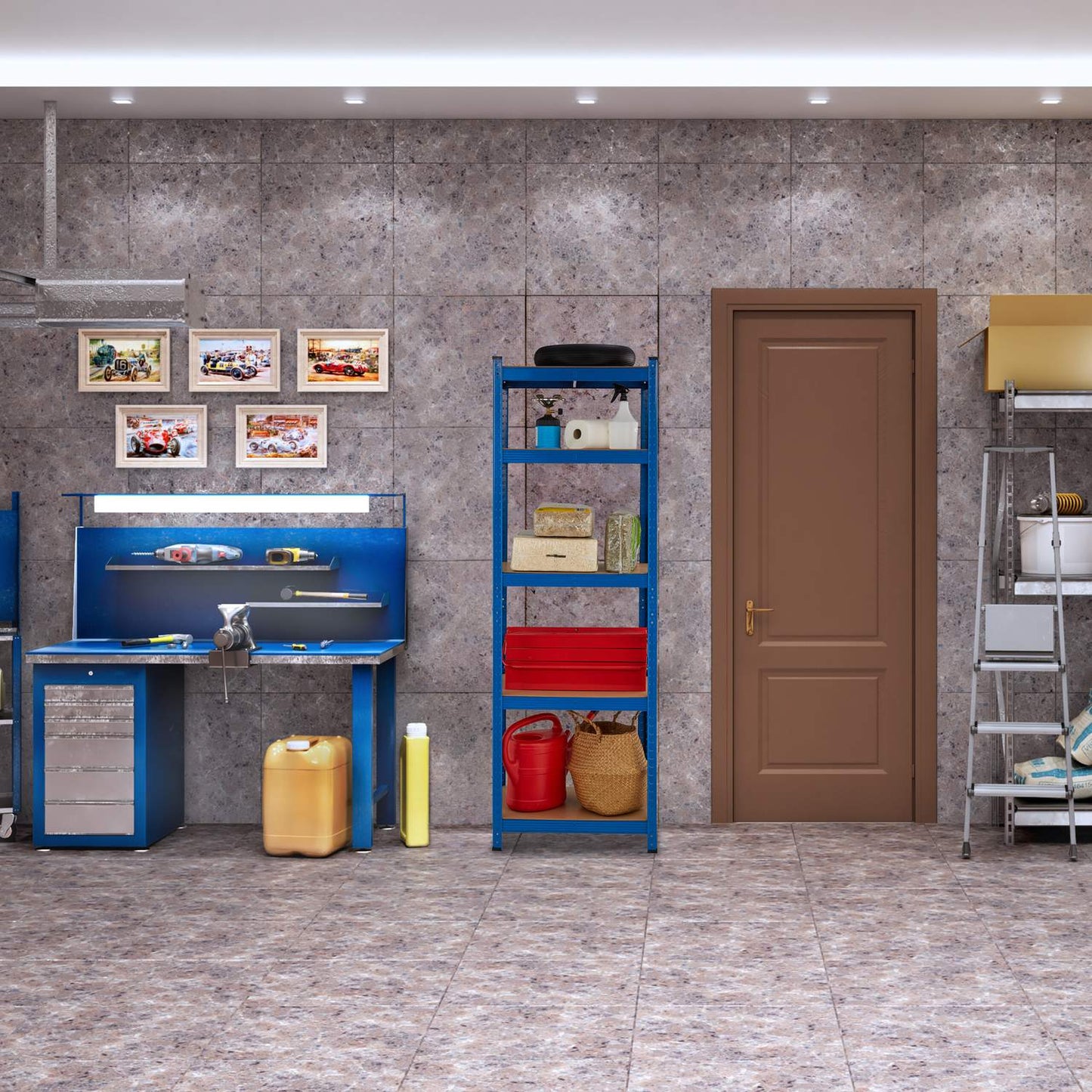 Blue sturdy shelves with 5 levels