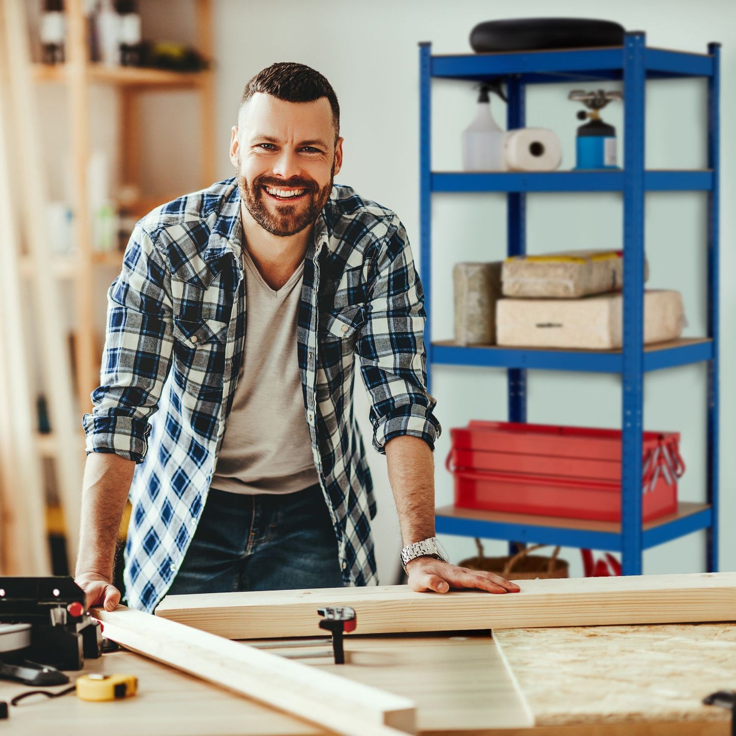 Blue sturdy shelves with 5 levels
