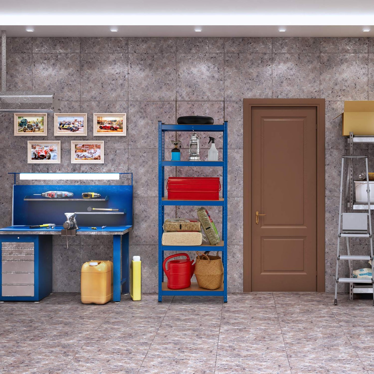 Blue sturdy shelves with 5 levels