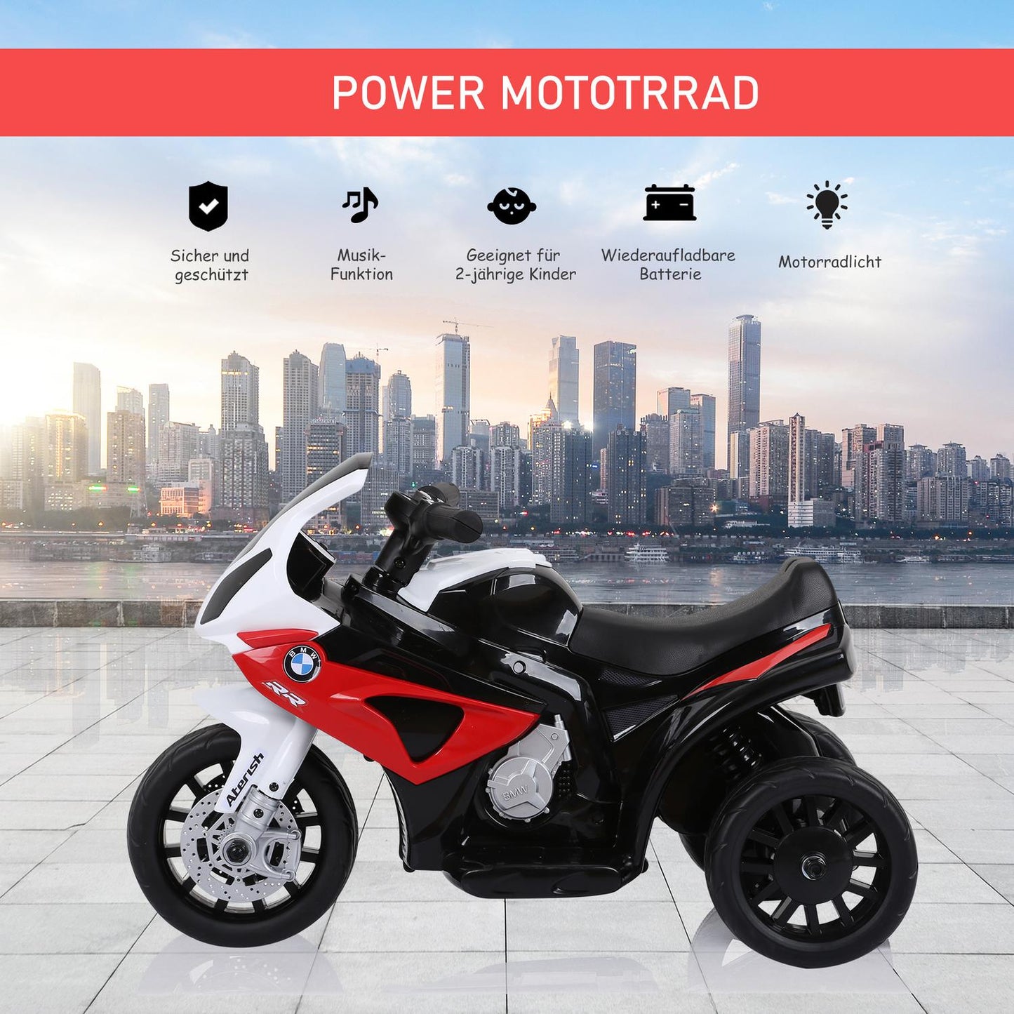 Electric tricycle motorcycle for children - red, steel, 66x37x44 cm