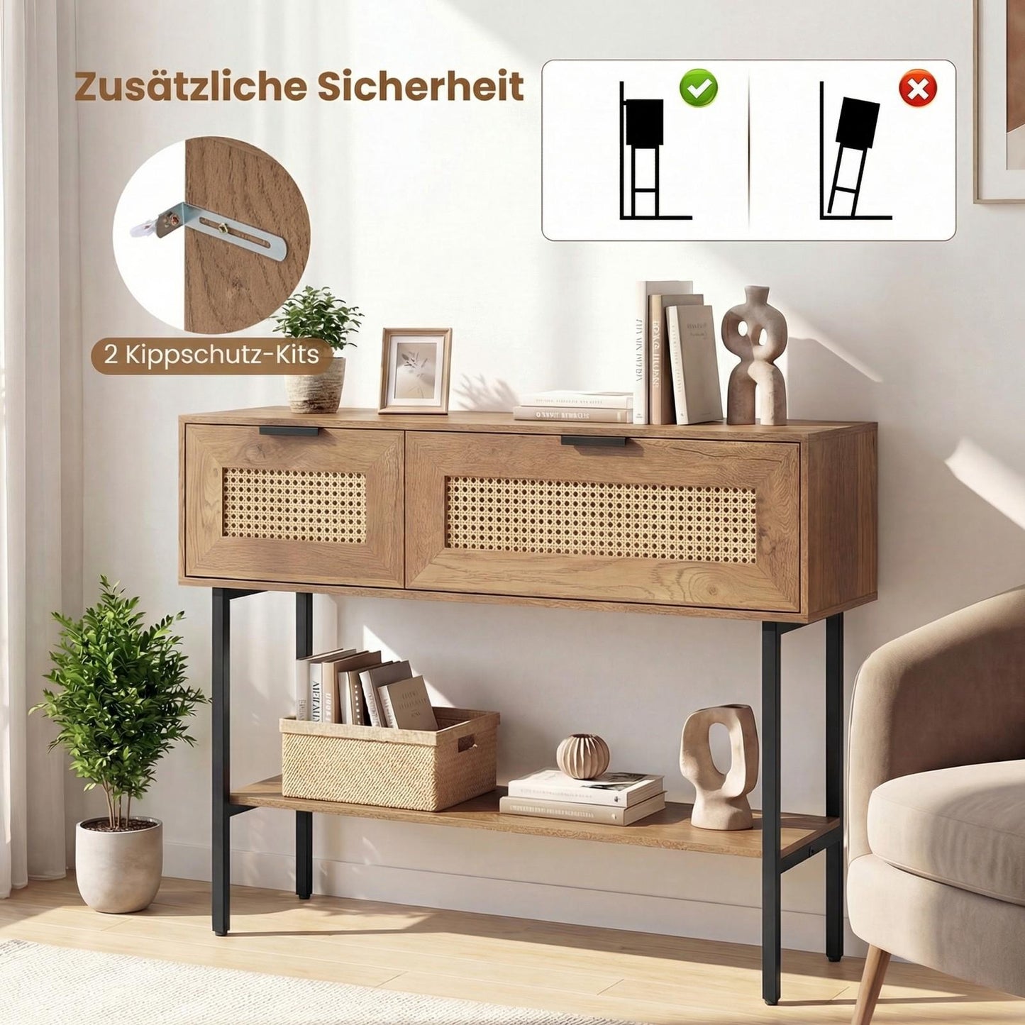 Boho Console Table with 2 Shelves & Open Storage, Natural