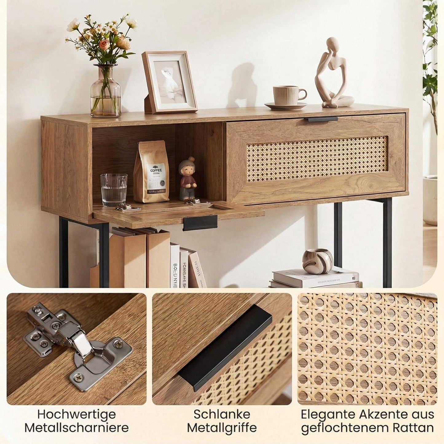 Boho Console Table with 2 Shelves & Open Storage, Natural