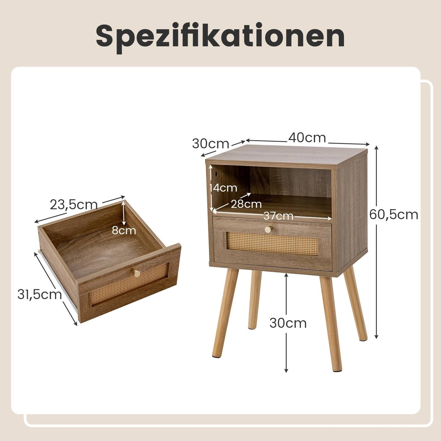 Boho-Style Rattan Nightstand with Drawer, Natural Wood
