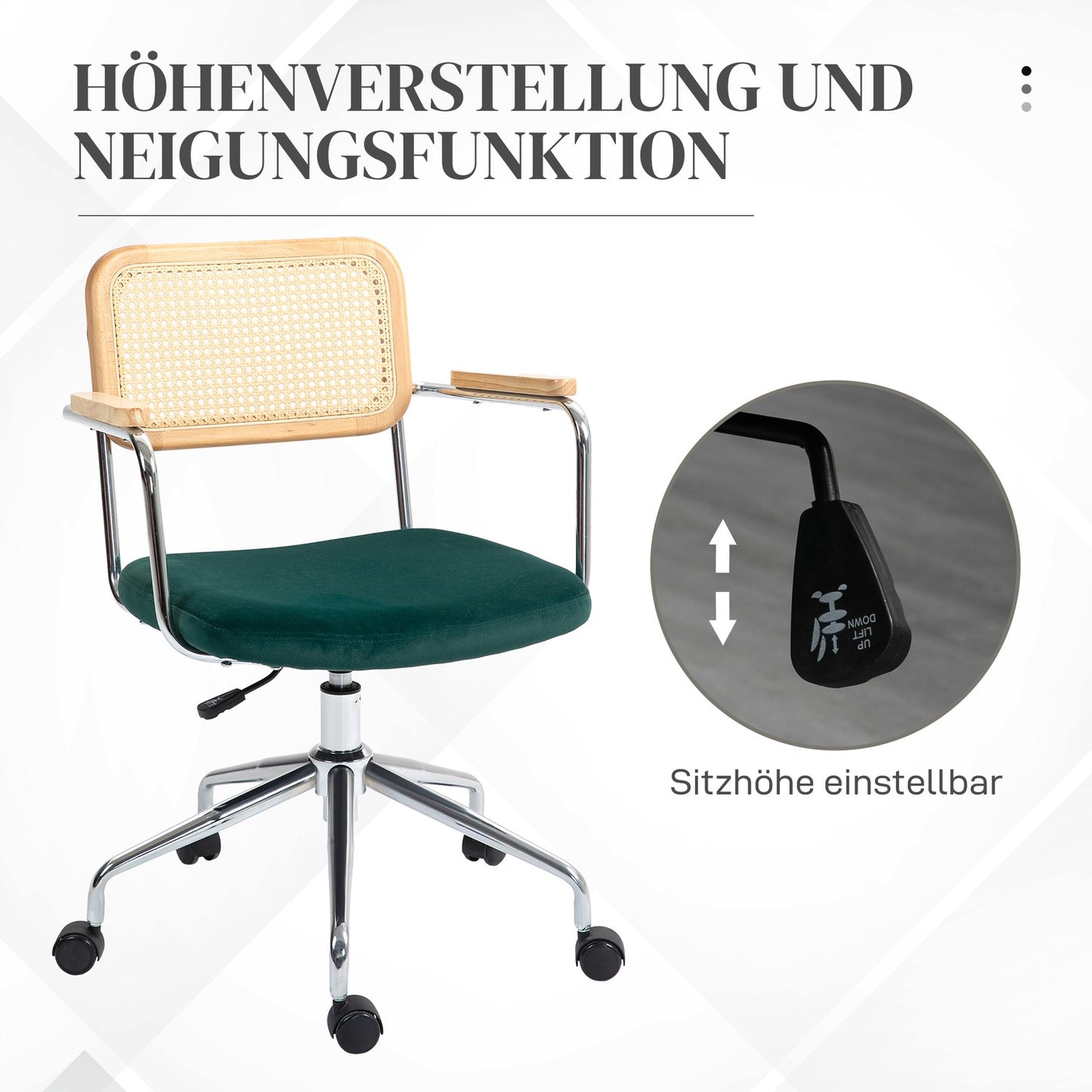 Adjustable Boho office chair with armrests, green swivel