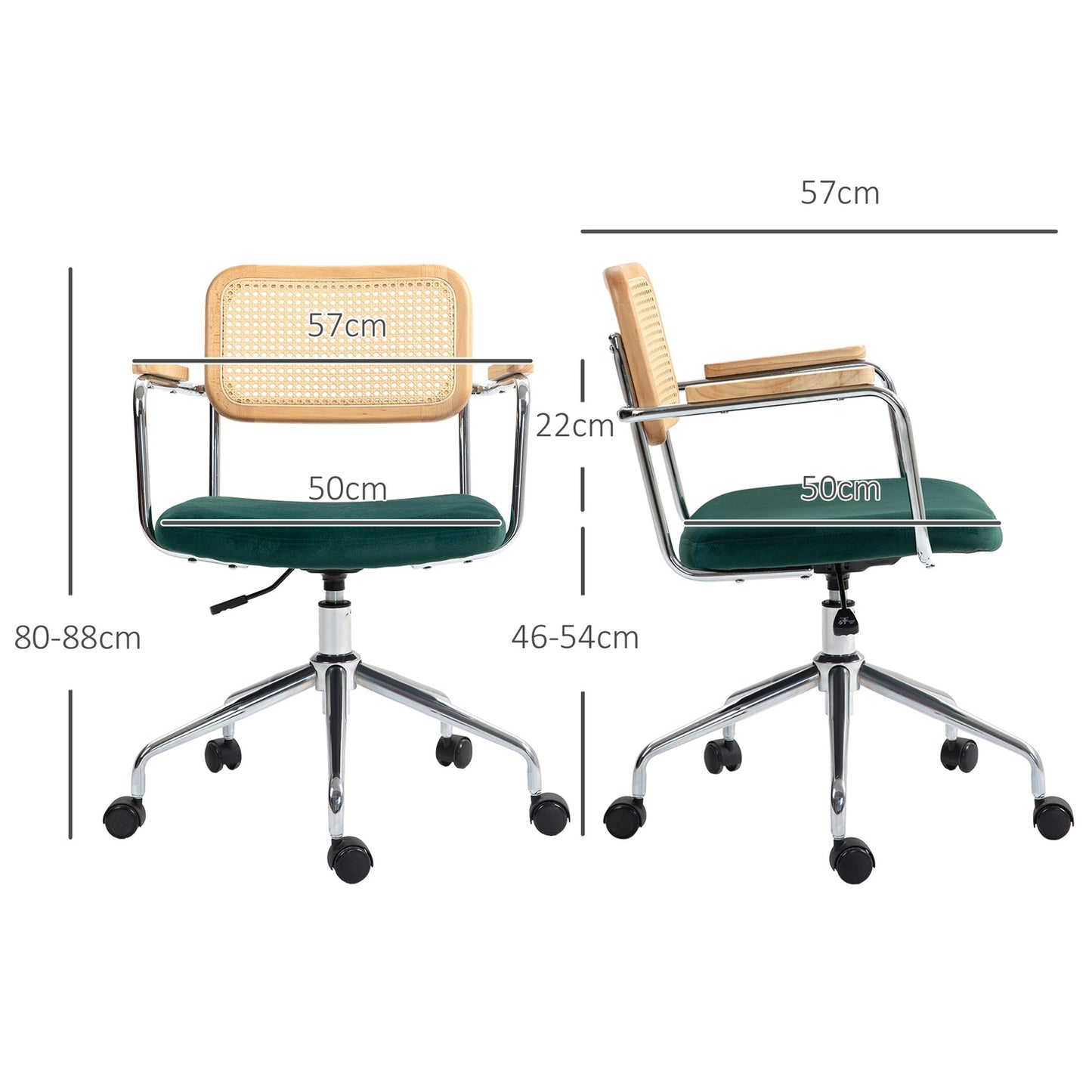 Adjustable Boho office chair with armrests, green swivel