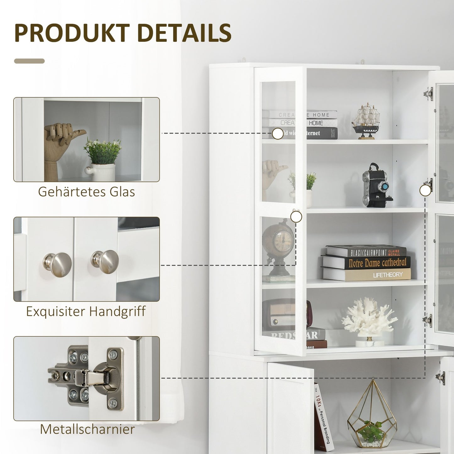 High white bookcase, glass door, 6 compartments