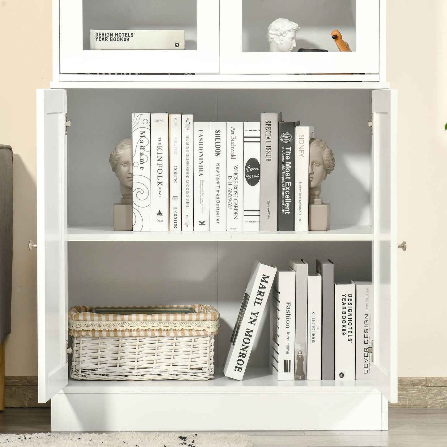 High white bookcase, glass door, 6 compartments
