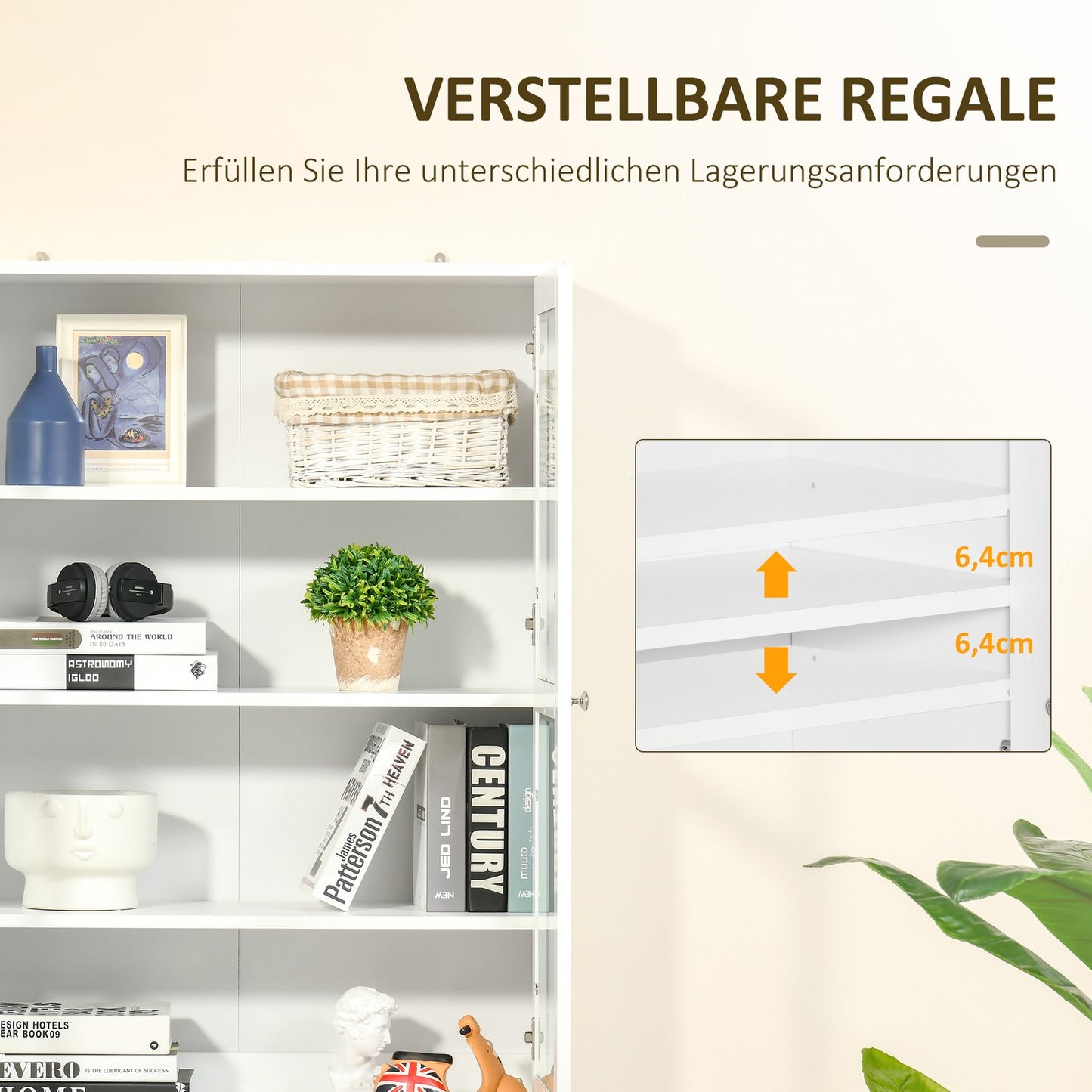 High white bookcase, glass door, 6 compartments