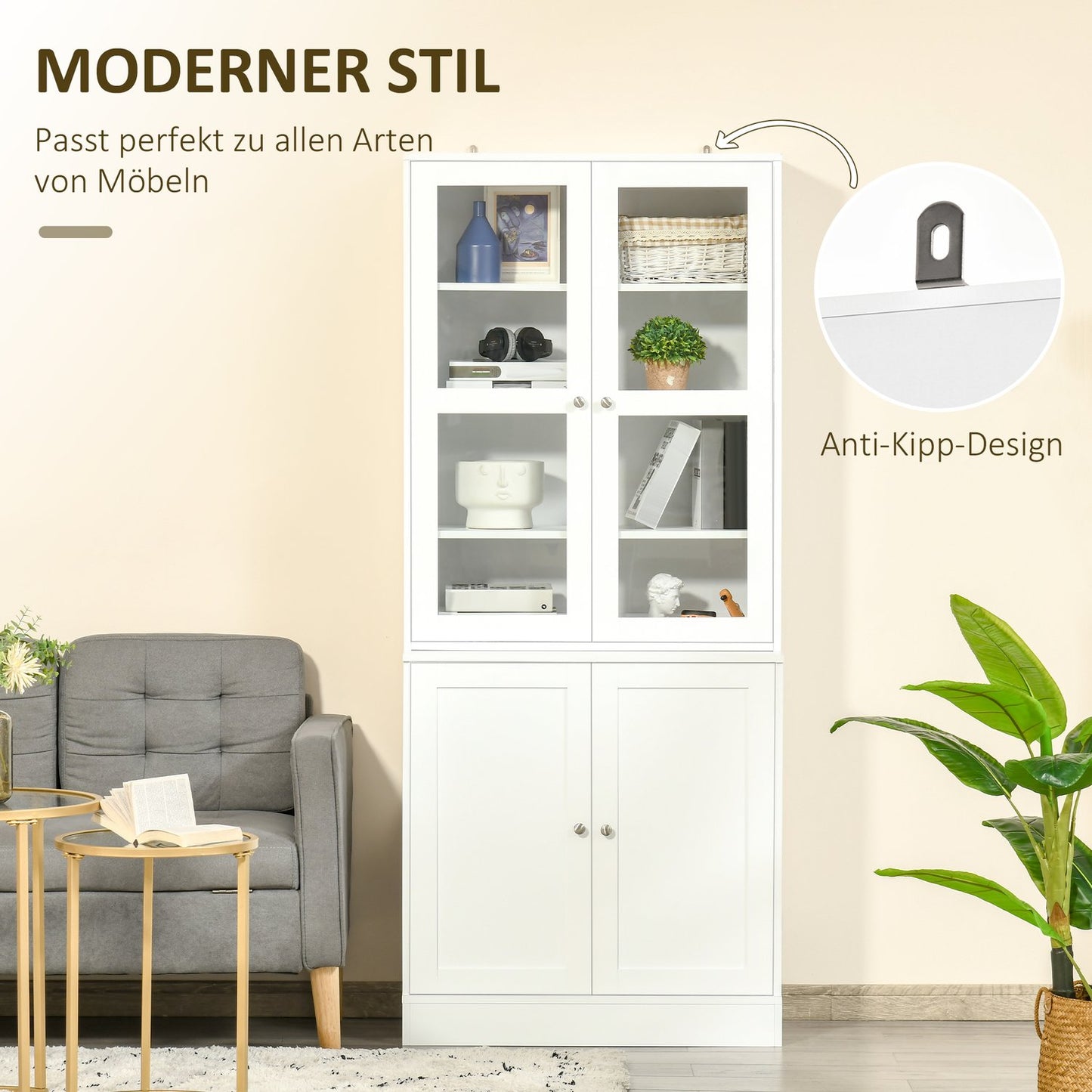 High white bookcase, glass door, 6 compartments