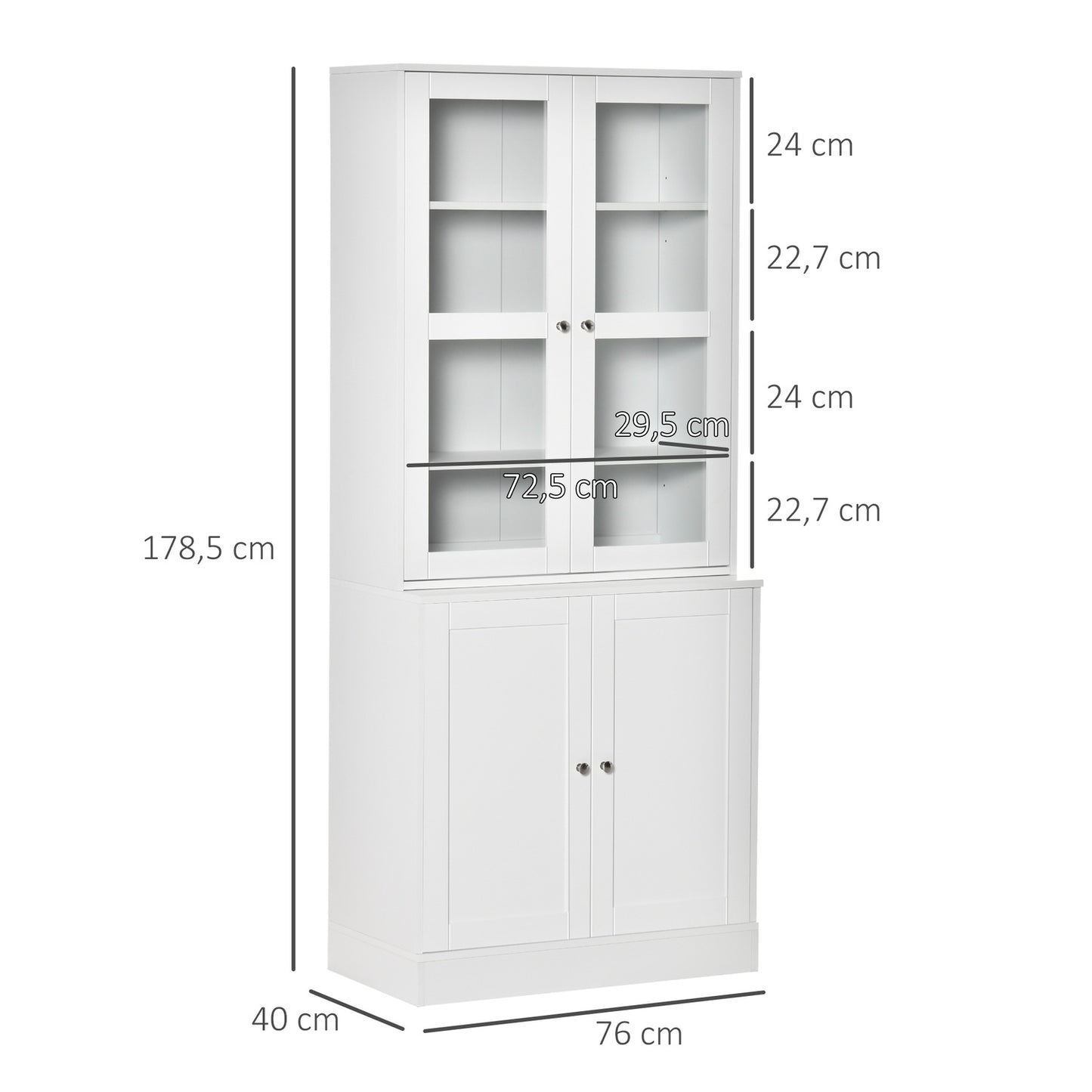 High white bookcase, glass door, 6 compartments
