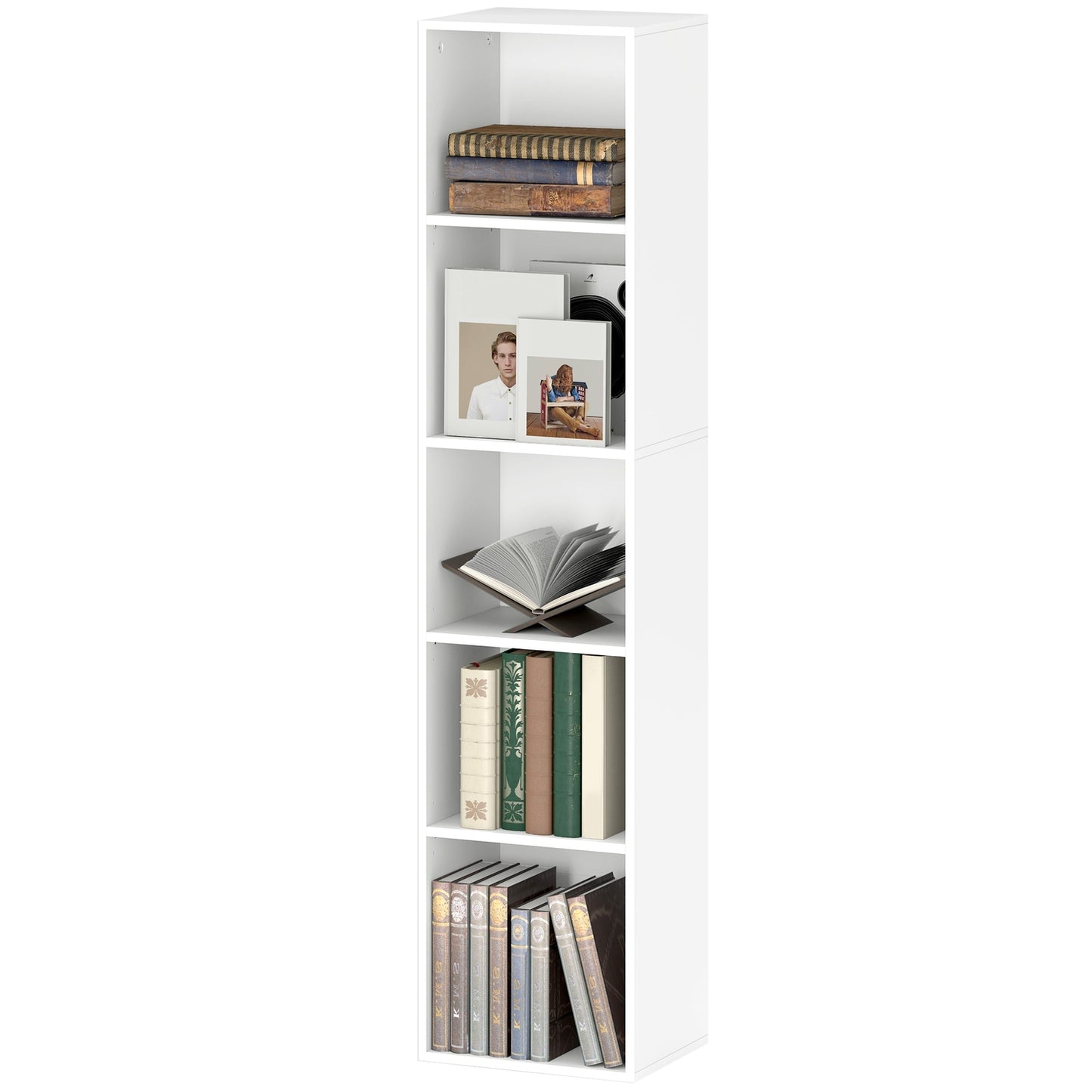 White Wood Bookcase, 5 Compartments, Adjustable Shelves