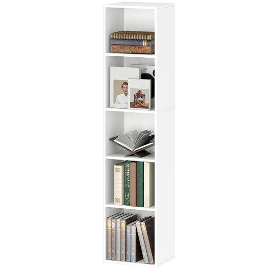 White Wood Bookcase, 5 Compartments, Adjustable Shelves