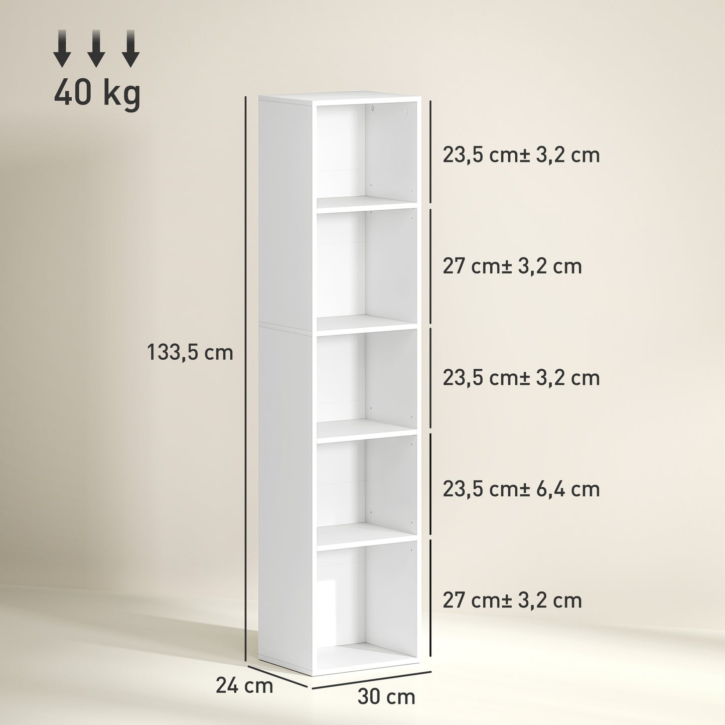 White Wood Bookcase, 5 Compartments, Adjustable Shelves