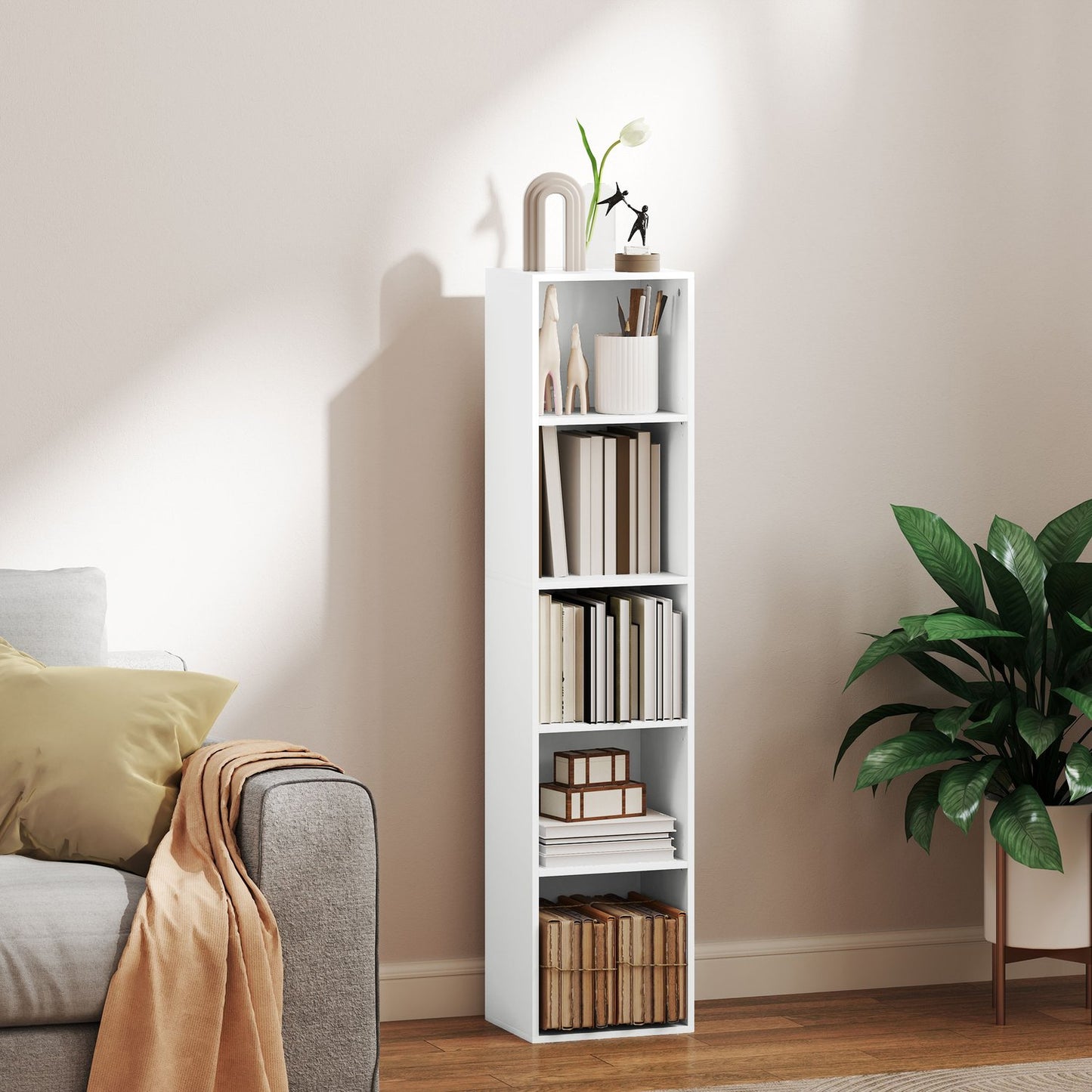 White Wood Bookcase, 5 Compartments, Adjustable Shelves