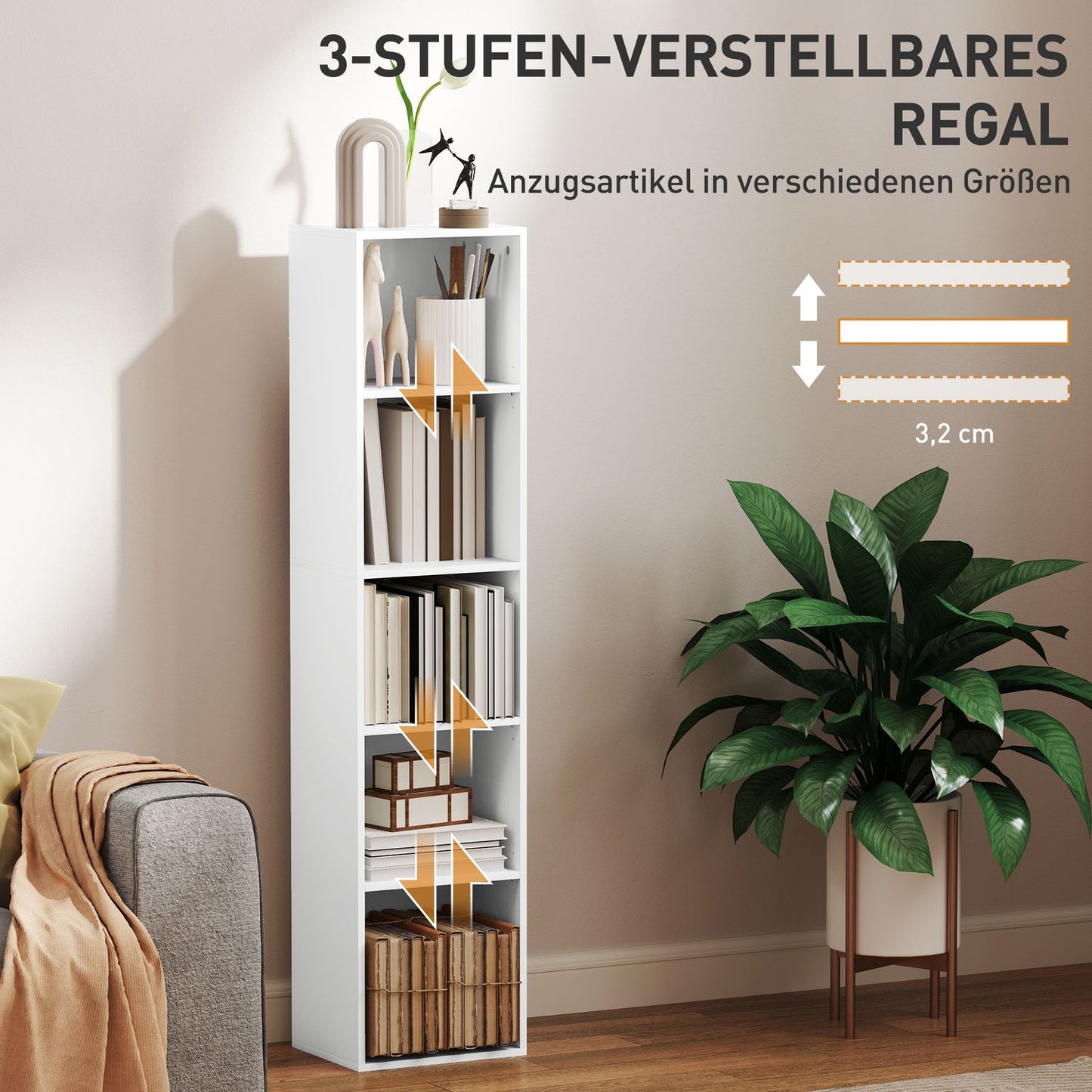 White Wood Bookcase, 5 Compartments, Adjustable Shelves