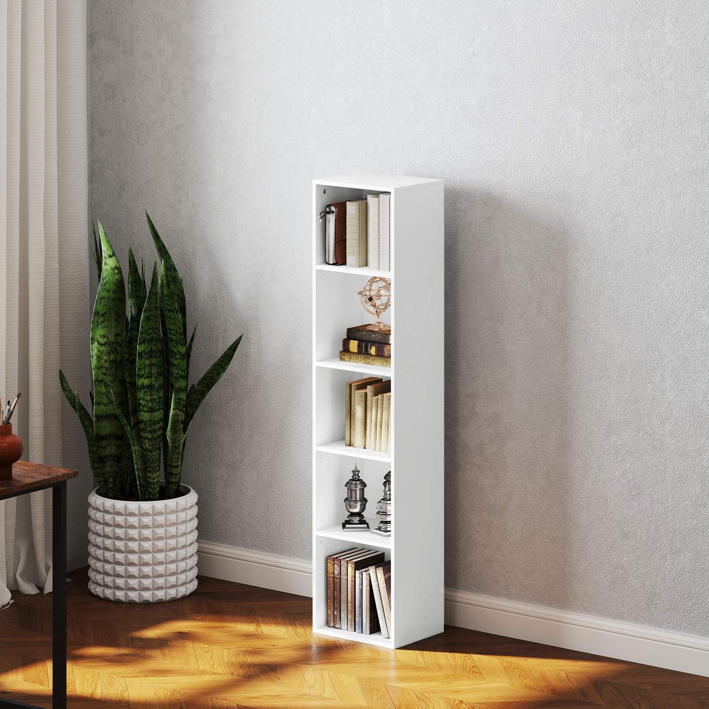 White Wood Bookcase, 5 Compartments, Adjustable Shelves