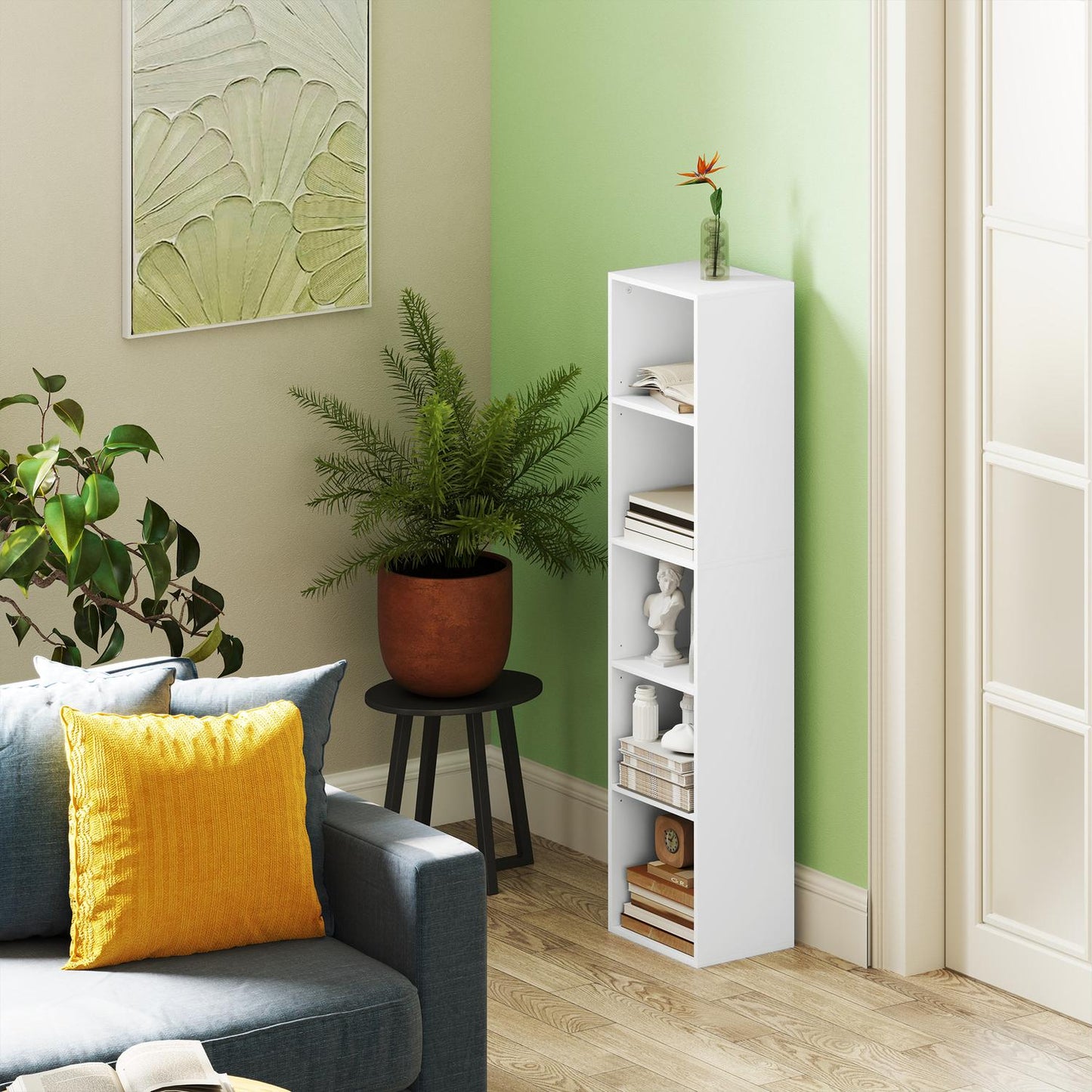 White Wood Bookcase, 5 Compartments, Adjustable Shelves