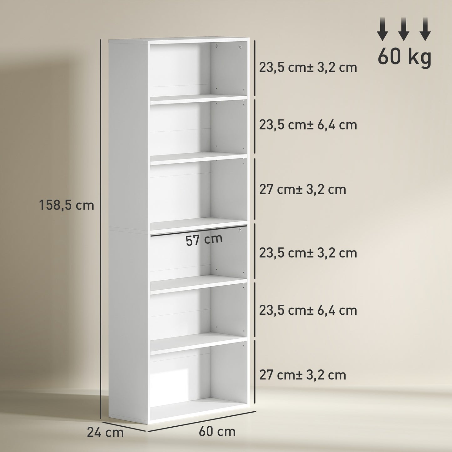Bookcase, 6 compartments, adjustable shelves, chipboard, 60 x 24 x 158.5 cm, white