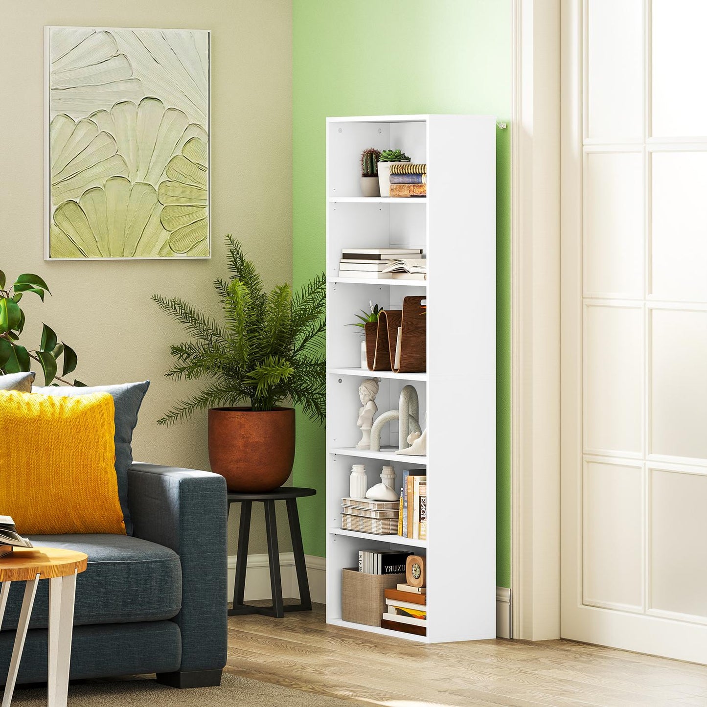 Bookcase, 6 compartments, adjustable shelves, chipboard, 60 x 24 x 158.5 cm, white