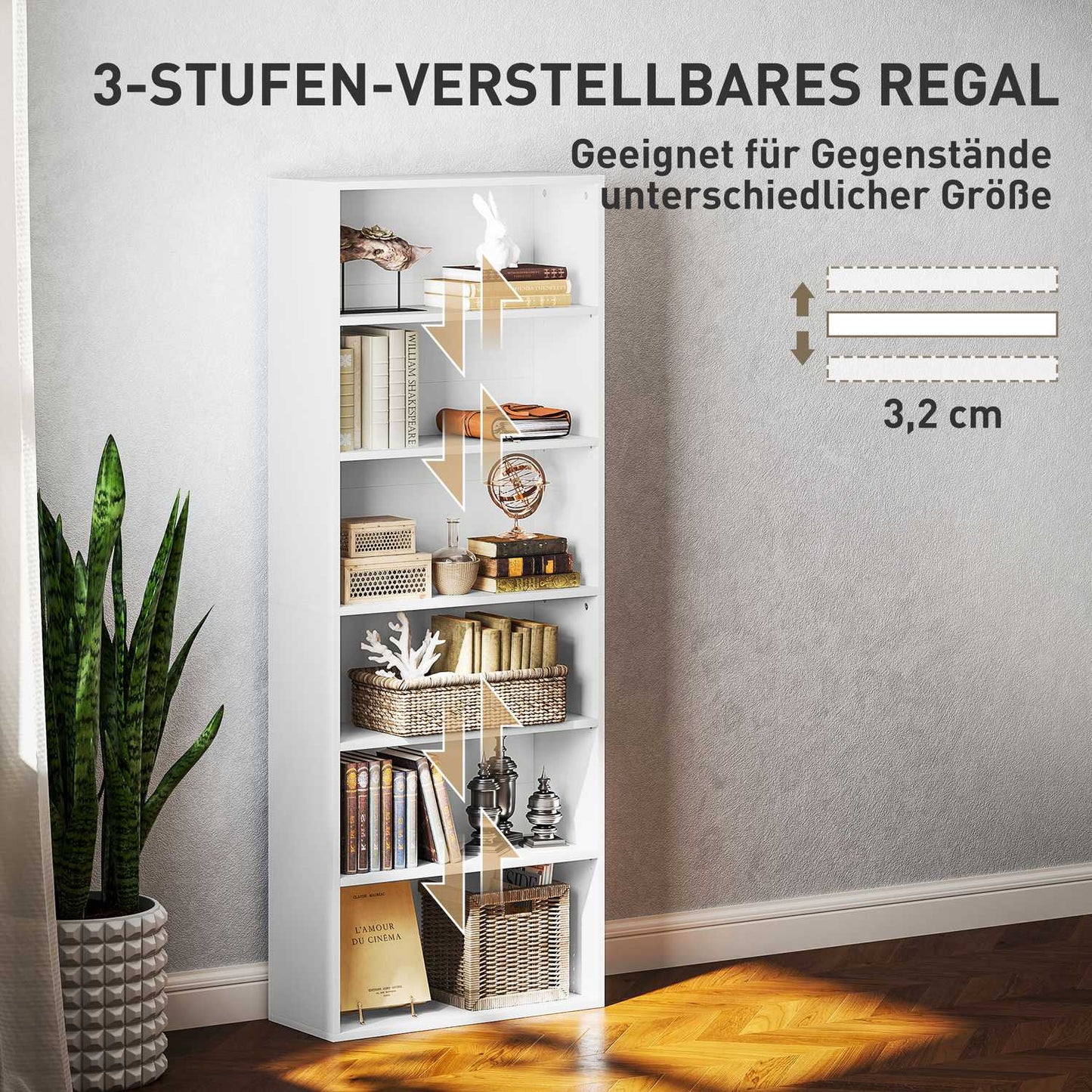 Bookcase, 6 compartments, adjustable shelves, chipboard, 60 x 24 x 158.5 cm, white