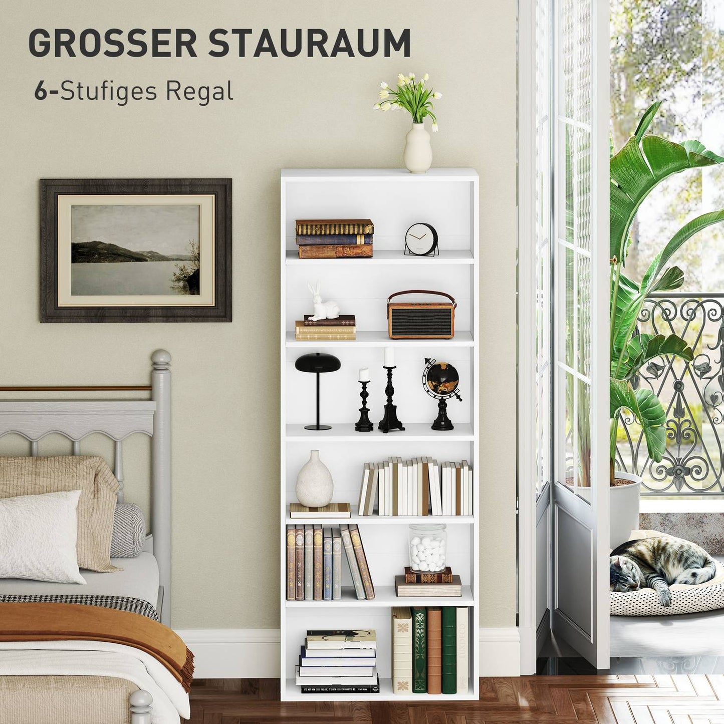 Bookcase, 6 compartments, adjustable shelves, chipboard, 60 x 24 x 158.5 cm, white
